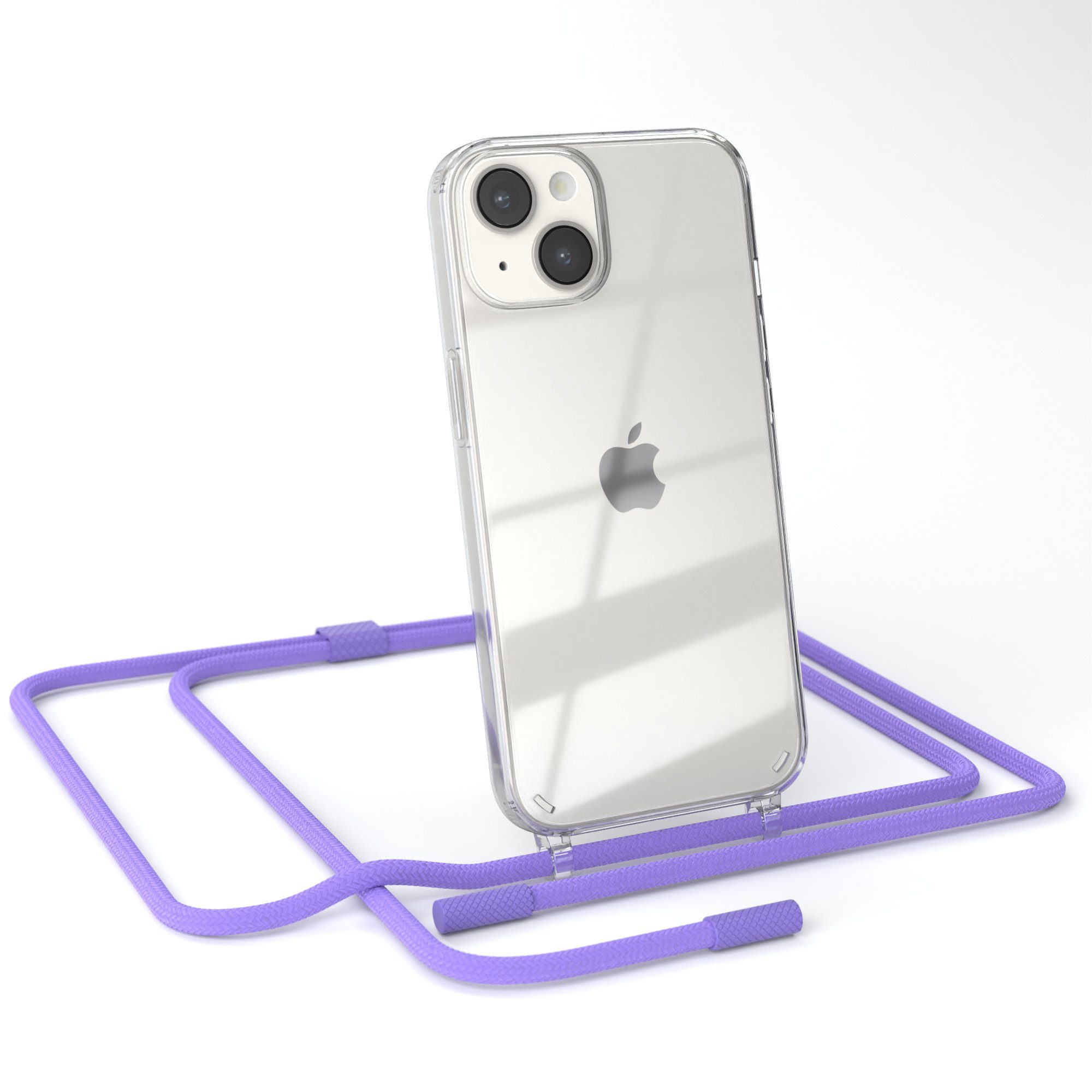 EAZY CASE Handykette Silikon Kette Unifarbe für Apple iPhone 14 6,1 Zoll, Ketten Kordel Transparent Case abnehmbare Handyhülle Flieder Lila Gold