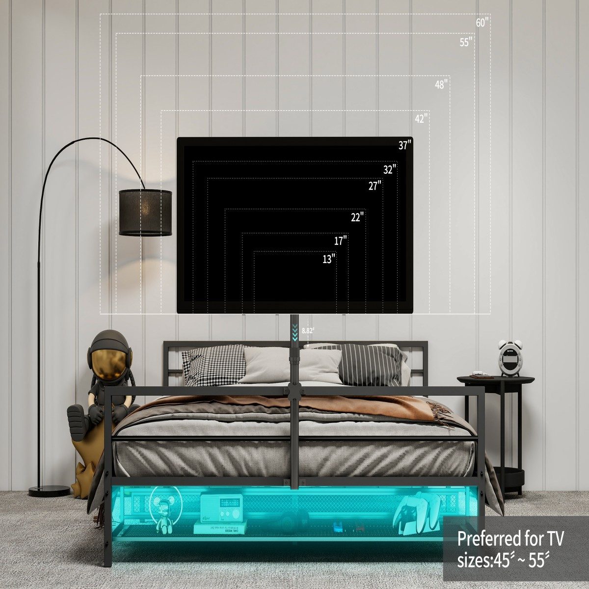 BlingBin Metallbett Jugendbett, Schwarzes Gaming-Bett mit verstellbarer Halterung (1er Set, 1-tlg., mit LED-Beleuchtung und Unterbett-Aufbewahrungskörben), 90x200 Großes Metallbett mit einer Länge von 206 cm.