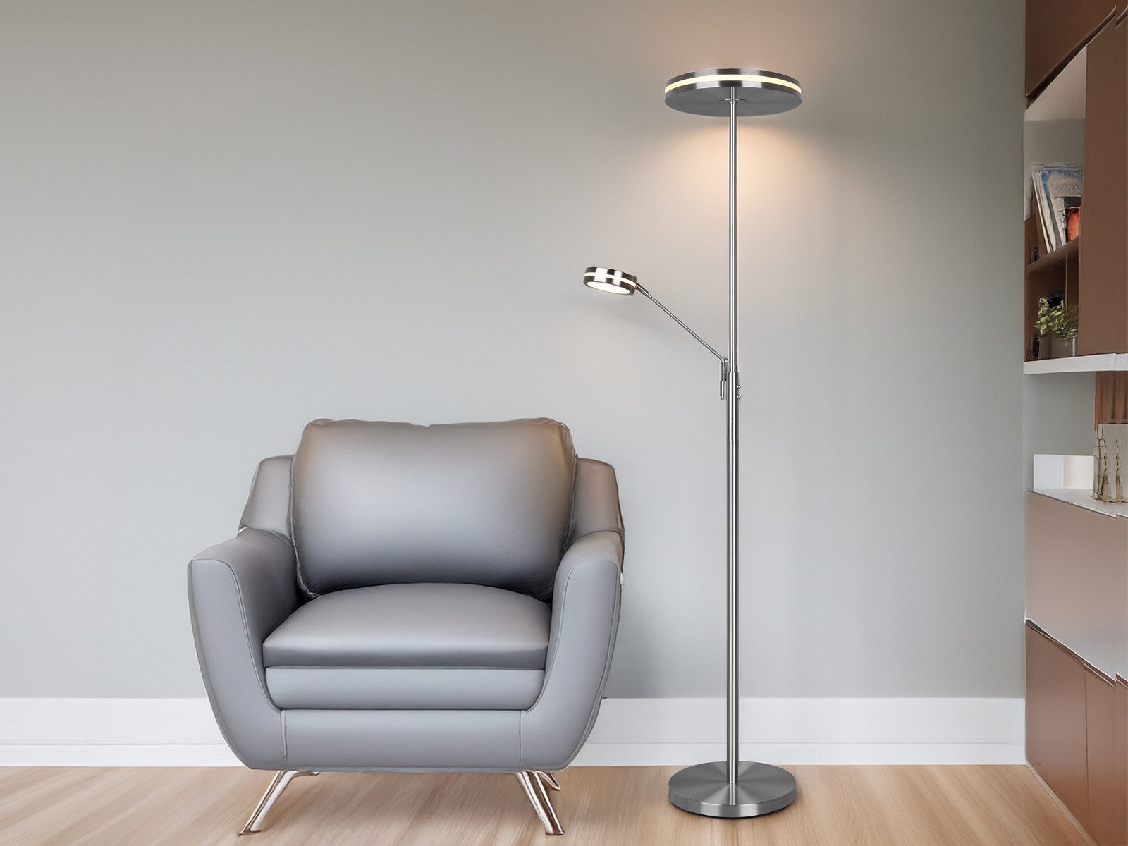 TRIO Leuchten LED Deckenfluter, Dimmfunktion Memoryfunktion, LED fest integriert, Stufenlos dimmbar, Warmweiß, Neutralweiß, Steh-Lampe mit schwenkbarer Lese-Lampe getrennt schaltbar, 181cm groß