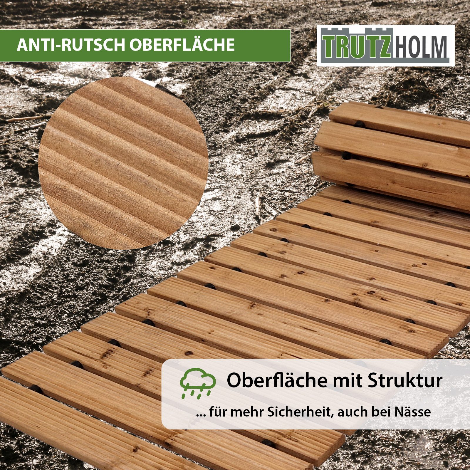 TRUTZHOLM Gartensteg Holzpfad ausrollbar 250x43x2 cm rustikales Tannenholz Anti-Rutsch