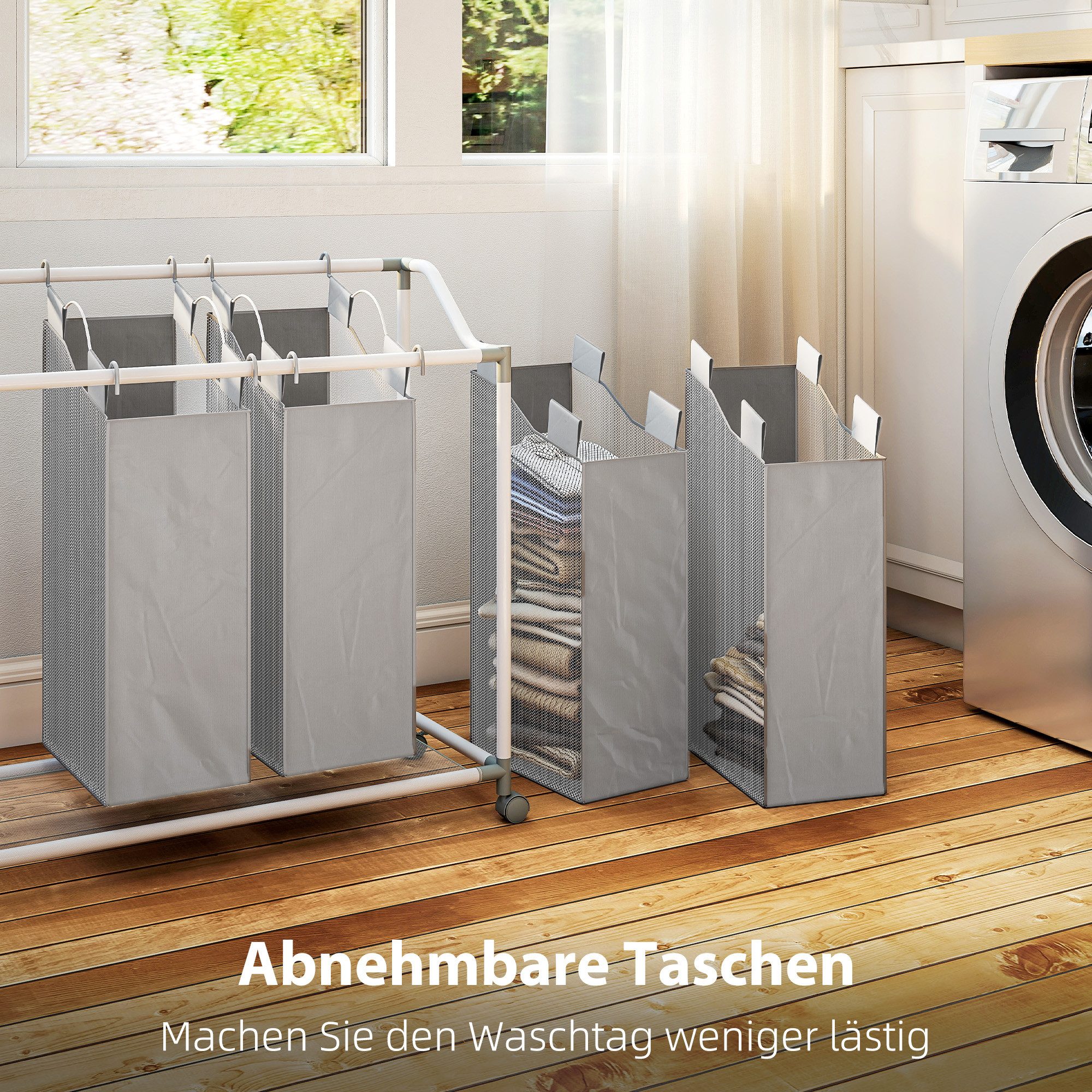 HOMCOM Wäschekorb 4 Fächer 160 L Wäschesack, Wäschesortierer mit Rädern (Wäschesammler, 1 St., Wäschebox), für Waschküche, Schlafzimmer, Badezimmer, Grau – Bild 5 von 5