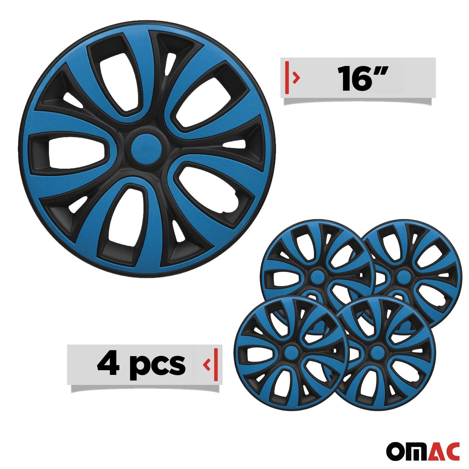 OMAC Wheel Covers 16 inch Matte Black & Blue 4-piece set, (4-pcs) Easy installation, lightweight, car wash resistant