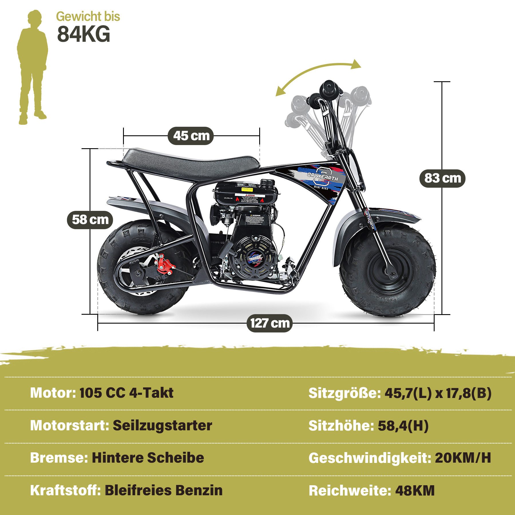 Oryxearth Dirt-Bike Pocket bike Minicross 105cc 20km/h Gasbetriebenes Offroad-Motorrad