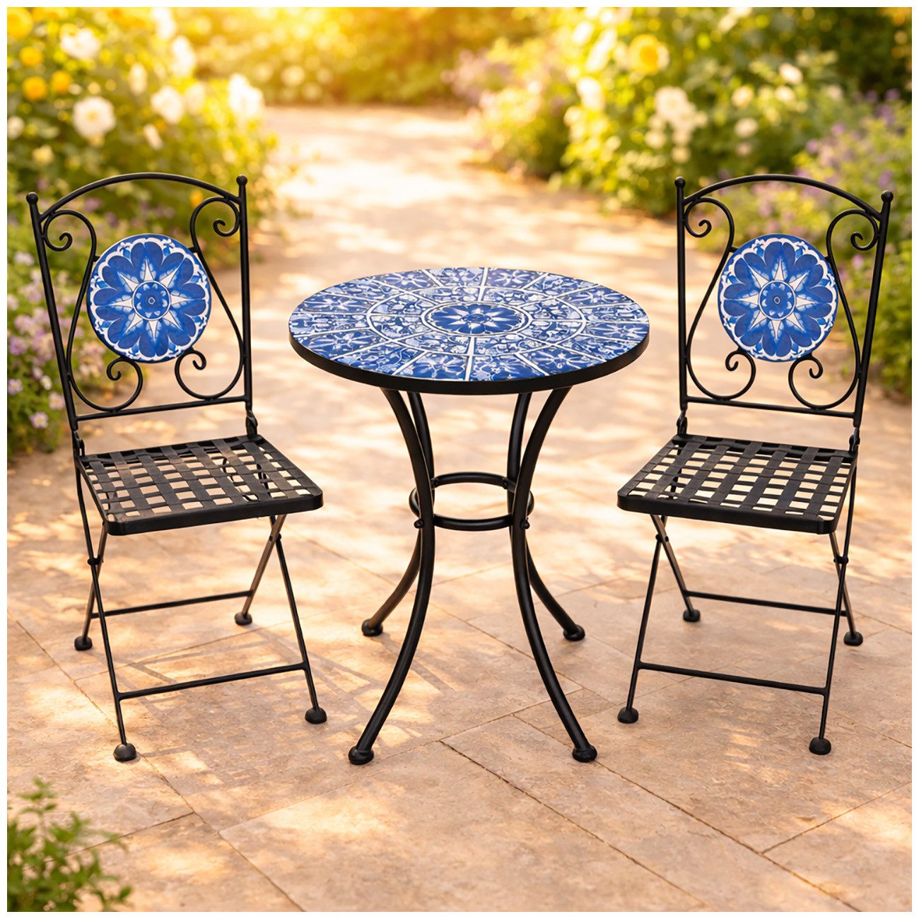 HTI-Living Garten-Essgruppe Tisch und 2 Stühle Marocco Blau, (Set, 3-tlg., 1 Tisch 2 Stühle), Sitzgruppe Essgruppe Balkonset