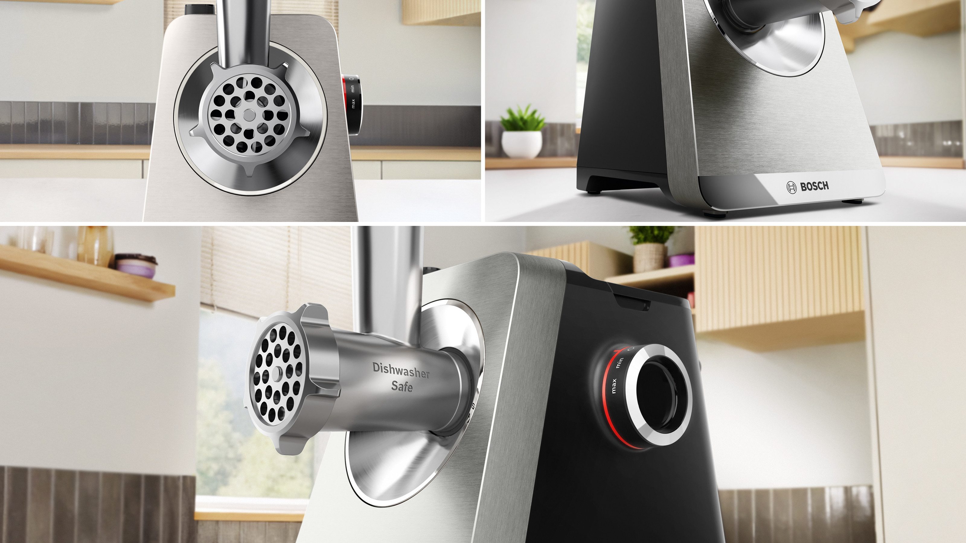BOSCH Fleischwolf Serie 8 MFWS820M, bis zu 4,5 kg Fleisch pro Min., spülmaschinenfest, 800 W, Edelstahl, 10-Jahre Motorgarantie, mit drei Lochscheiben, 2.500 W