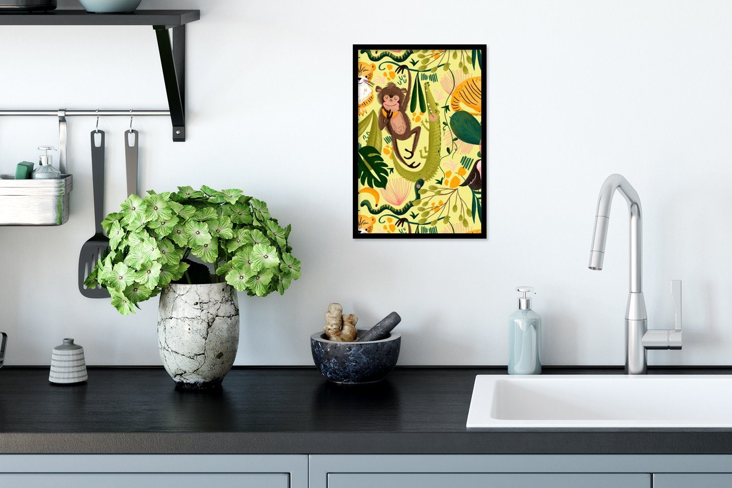 MuchoWow Schwarzem - Dschungel Pflanzen - Gelb, Gerahmtes Wandposter, Bilderrahmen Bilder, Tiere (1 St), Poster Poster, Wanddeko, -