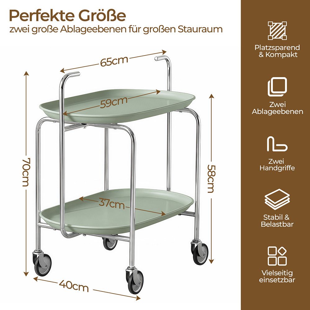 PFCTART Rollwagen Mehrzweck Rollwagen mit 2 Ablagen & Griff, (Set, 65×40×70 cm für Küche, Bad, Wohnzimmer, Büro & Schlafzimmer), 360° Rollen, 2 Bremsen, robuster Stahlrahmen & ABS-Ablagen