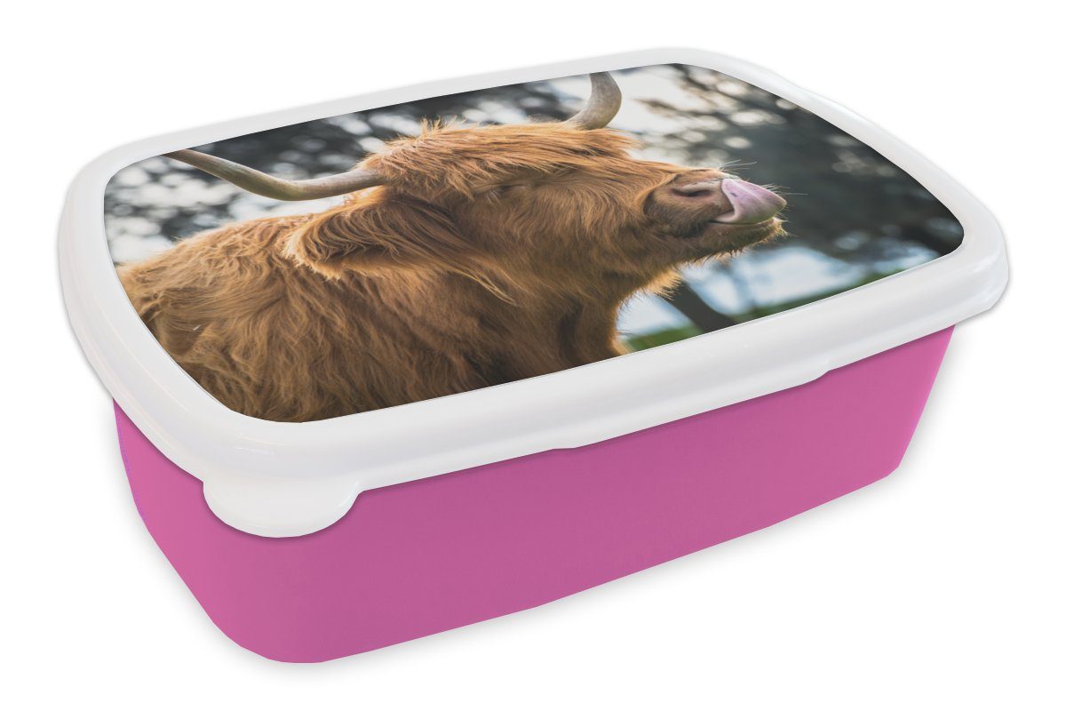 MuchoWow Lunchbox Schottischer Kunststoff - (2-tlg), - Brotbox Kunststoff, Kinder, Mädchen, Brotdose für rosa Nase Erwachsene, Snackbox, Highlander Baum