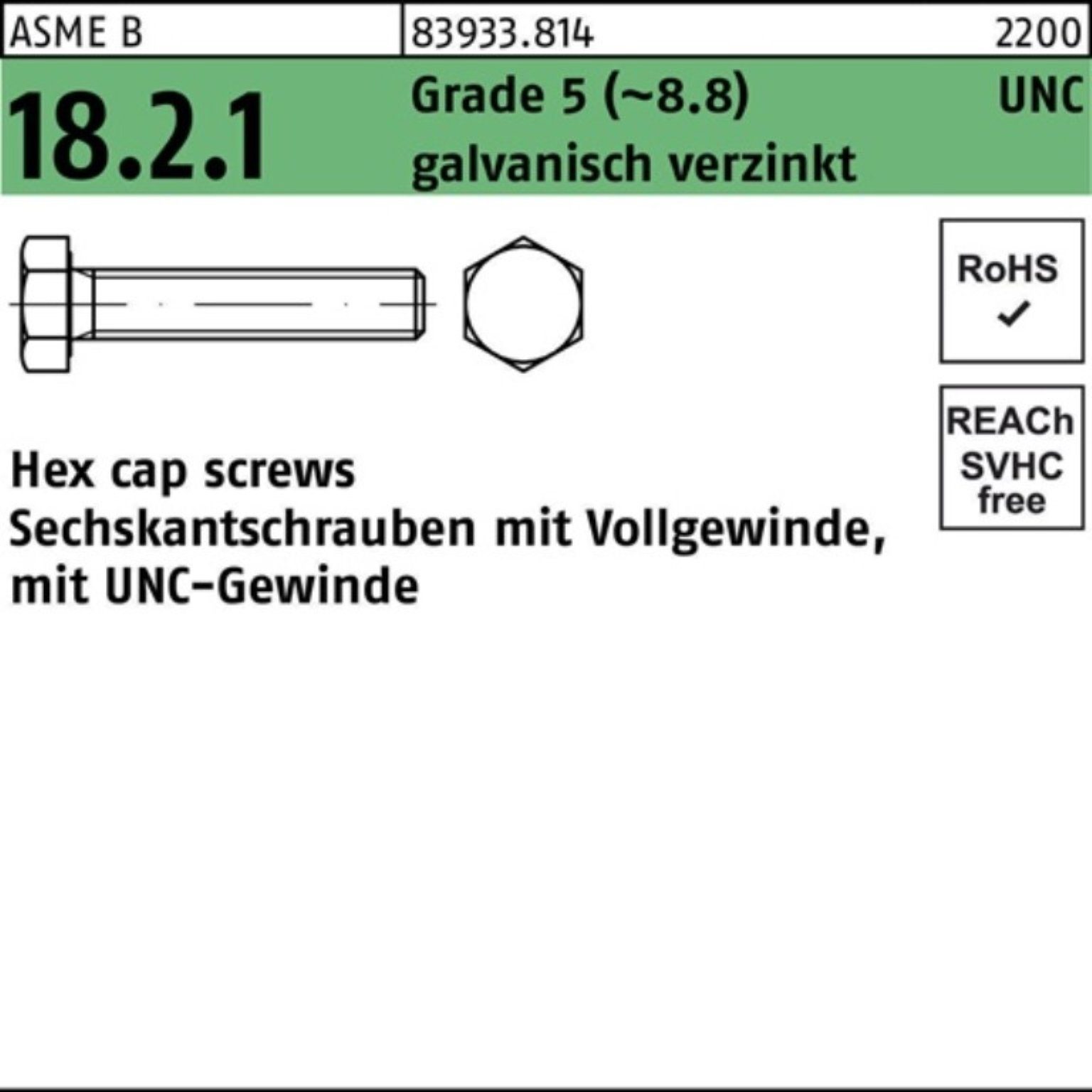 Reyher Sechskantschraube 100er Pack Sechskantschraube R 83933 UNC VG 5/8x1 Grade 5 (8.8) galv.