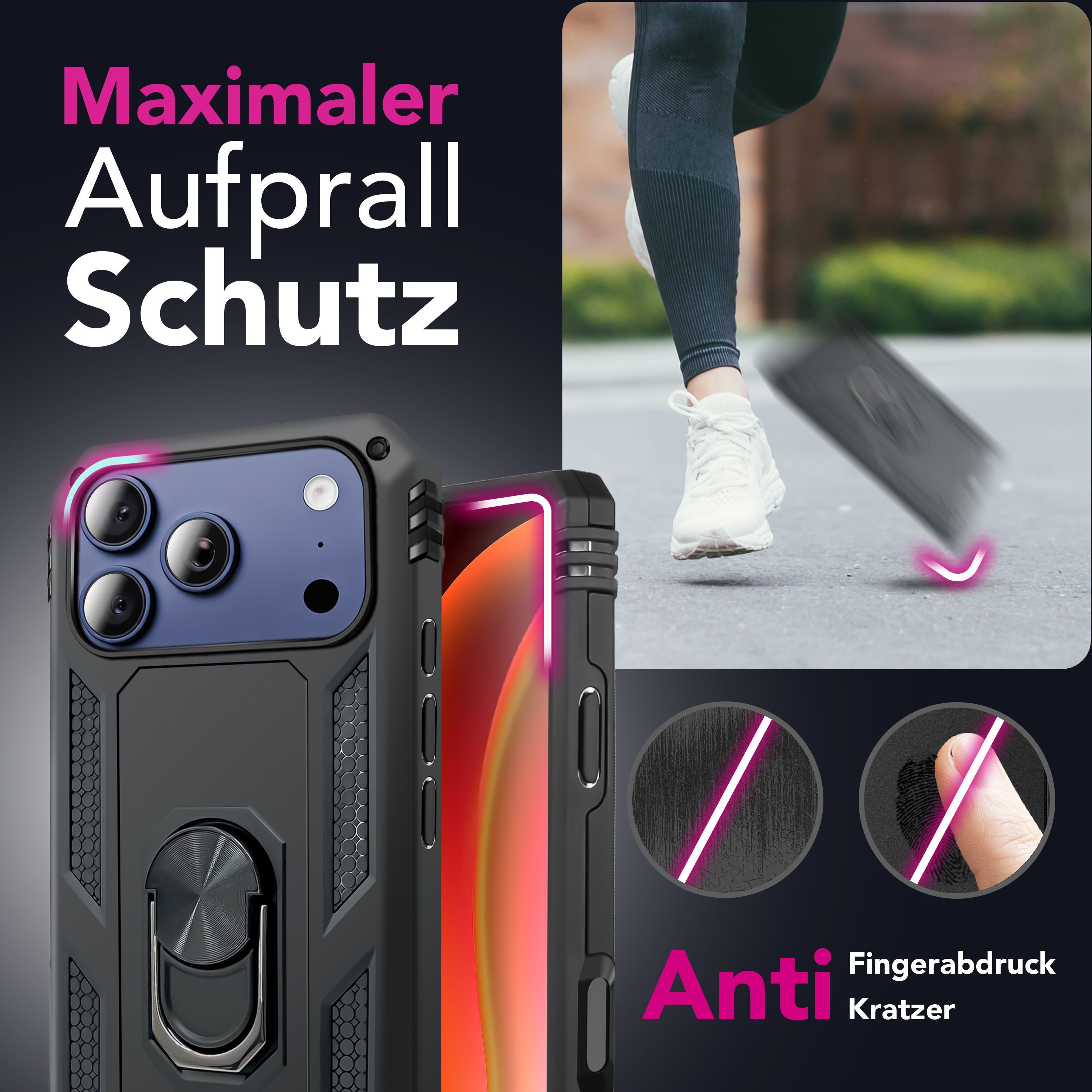 Nalia Smartphone-Hülle Apple iPhone 18 Pro Apple iPhone 17 Pro 16 cm (6,3 Zoll), Hülle mit Ring / Extrem Robust / Fallschutz / Ständer / Military Style – Bild 2 von 5