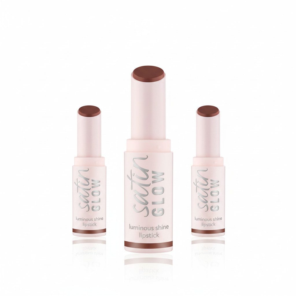 Essence Lippenstift SATIN GLOW LUMINOUS SHINE LIPSTICK, 3-tlg., Satin-Finish, langanhaltend, Farbintensiv, hohe Deckkraft