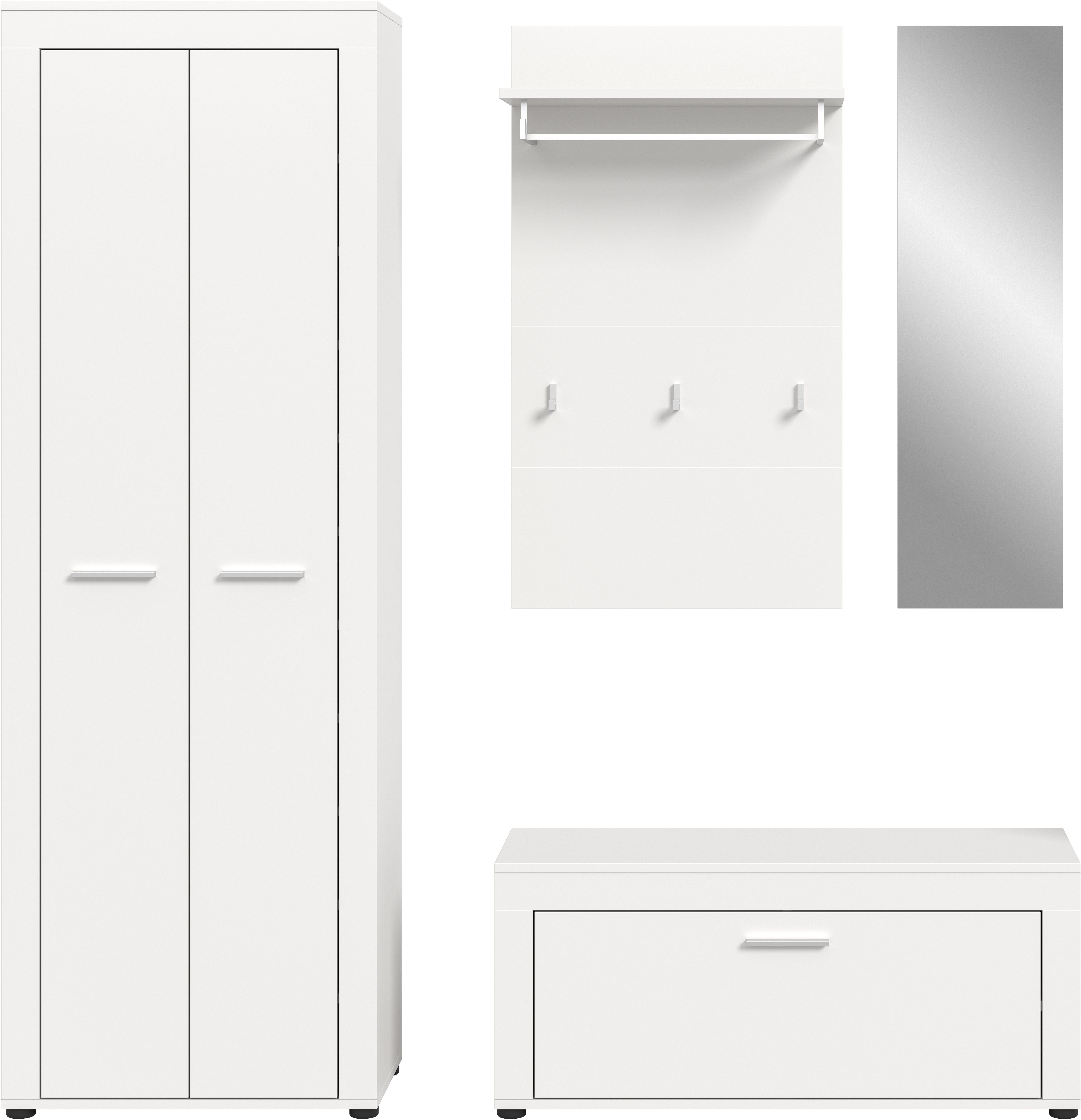 Home affaire Garderoben-Set AOSTA, TOPSELLER!, Breite 184cm, 4-teilige Garderobenkombination, (Set, 4-St., bestehend aus: Garderobenschrank, Sitzbank, Garderobenpaneel & Spiegel), Flurkombination, Kombination, Garderobe, Dielen-Set, Garderobenmöbel