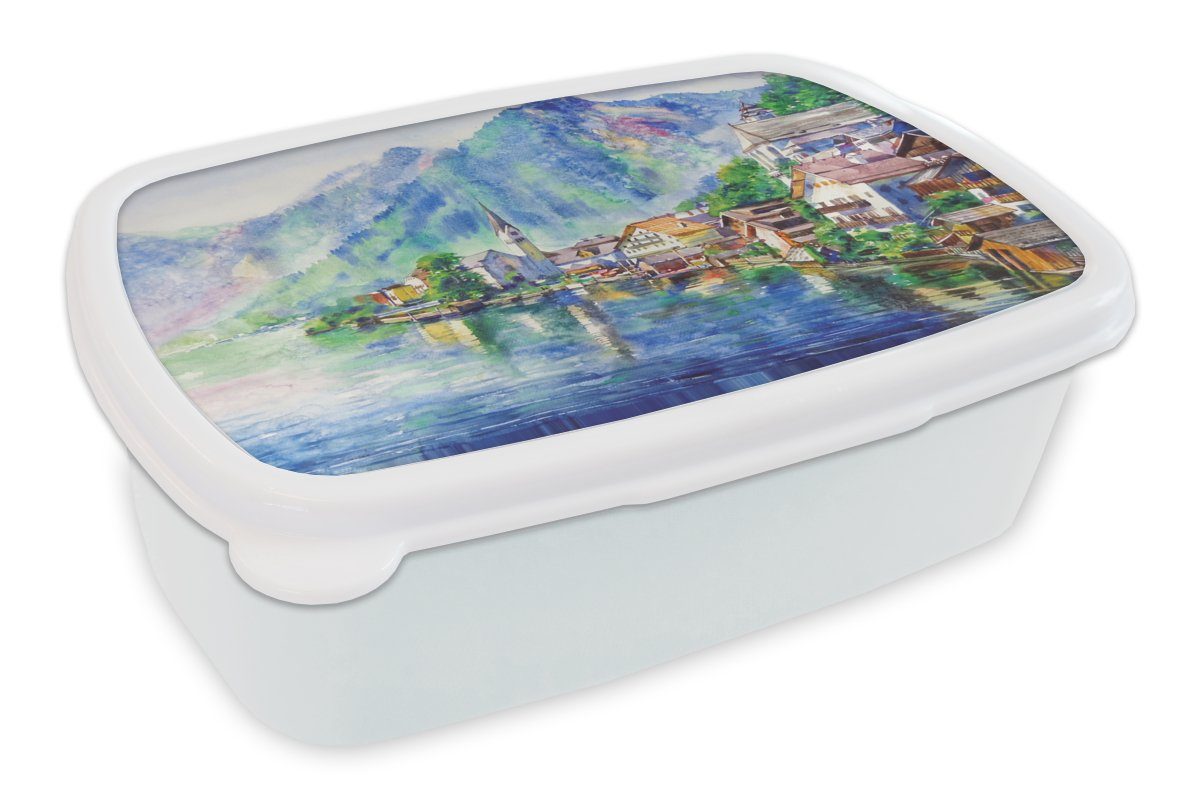 MuchoWow Lunchbox Malerei - Architektur - Wasser - Berge - Öl, Kunststoff, (2-tlg), Brotbox für Kinder und Erwachsene, Brotdose, für Jungs und Mädchen weiß