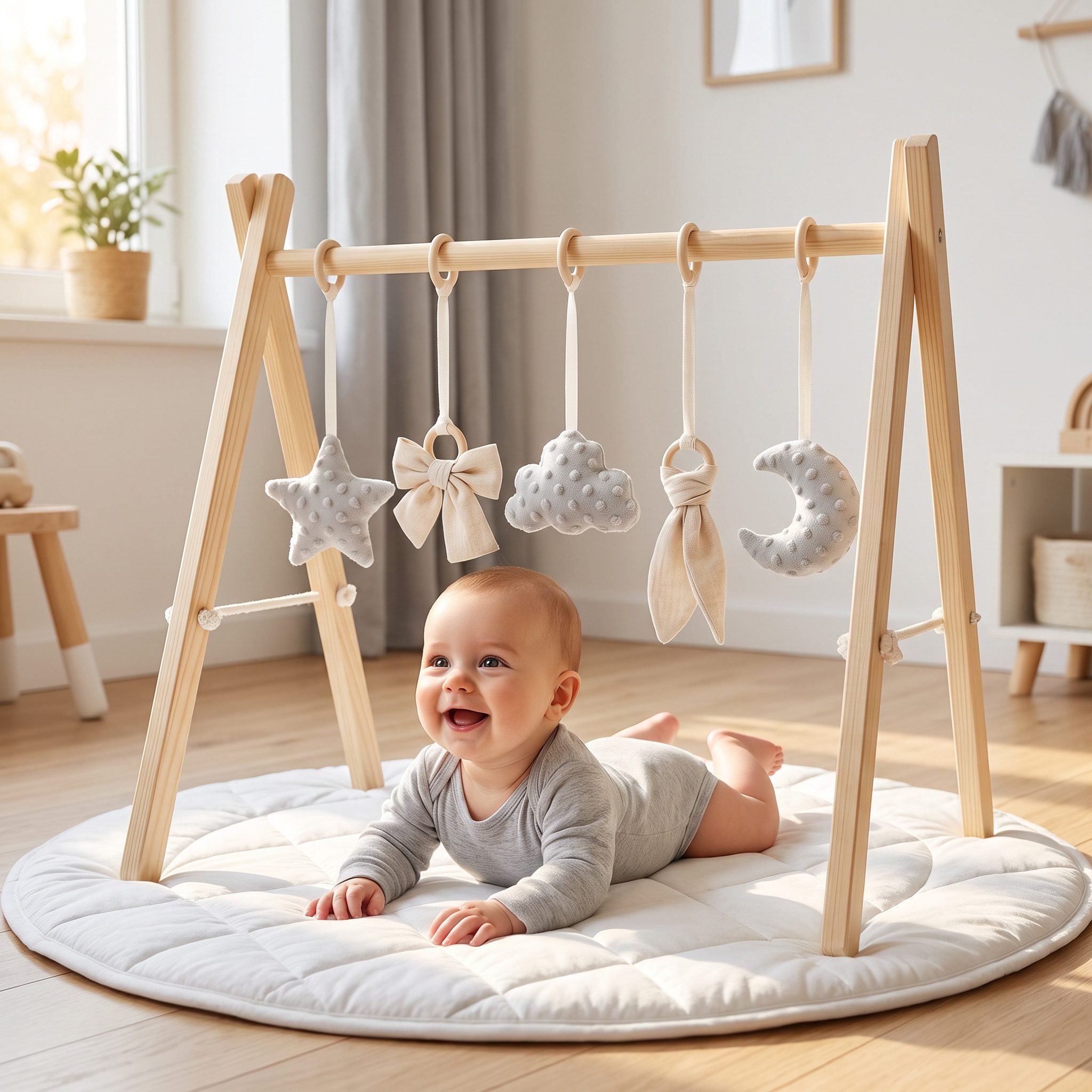 LuMali Baby Gym Holz Spielbogen klappbar 5 Spielzeuge 41x58x49cm Naturholz Kiefer, Spieltrapez Neugeborene sensorisch handgemacht faltbar leicht Geschenk
