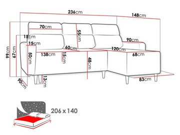 MIRJAN24 Ecksofa Tokio, mit Bettkasten und Schlaffunktion, freier Seitenwahl, Holzfüße, Bonellfeder