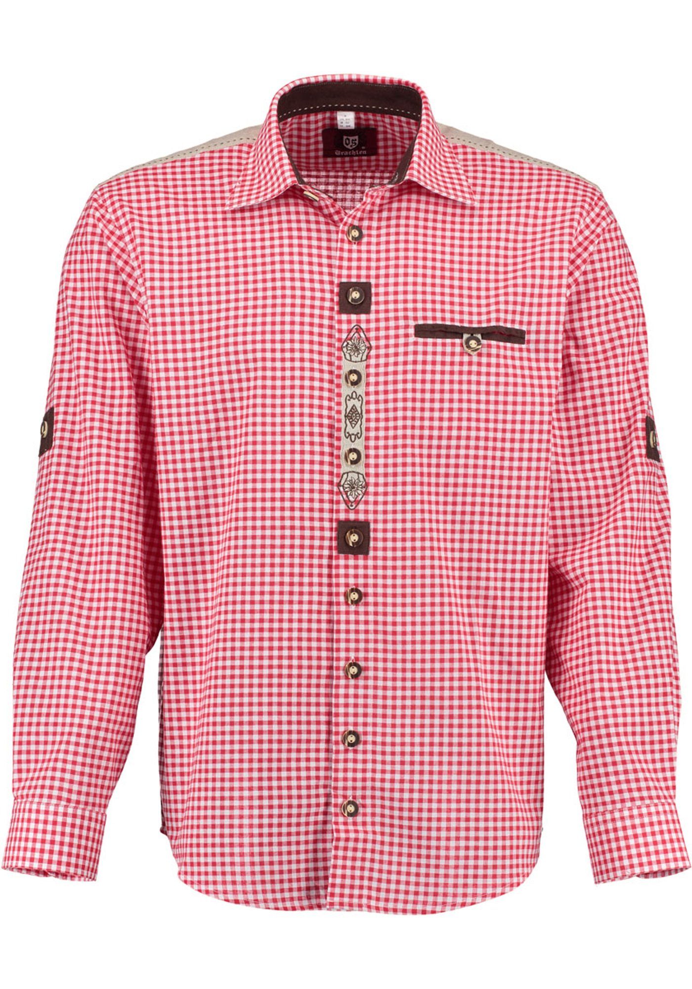 OS-Trachten Trachtenhemd Ozido Langarmhemd mit Stickerei auf der Knopfleiste mittelrot