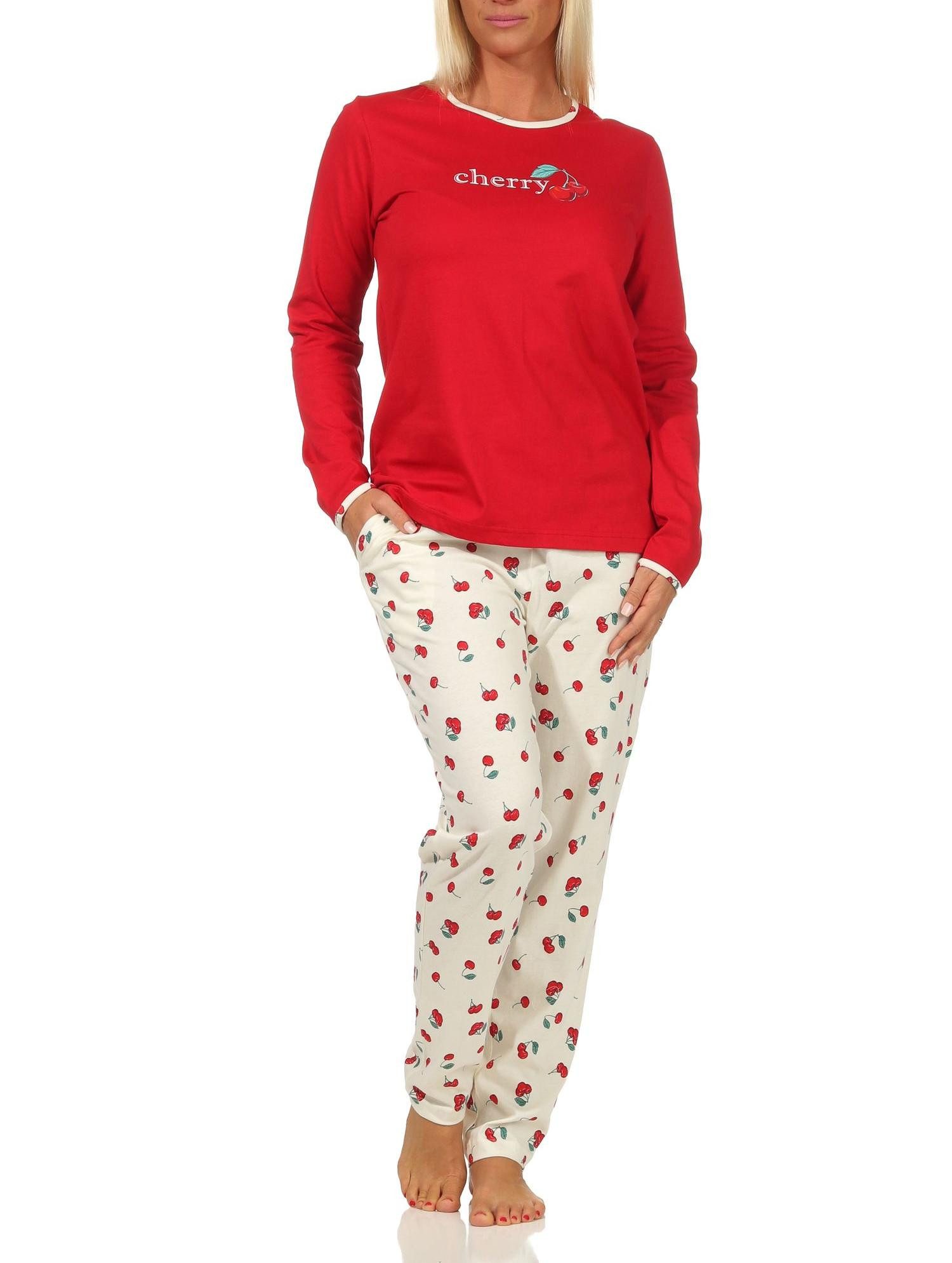Pyjama Süsser Damen Schlafanzug langarm Pyjama mit Kirschen als Motiv