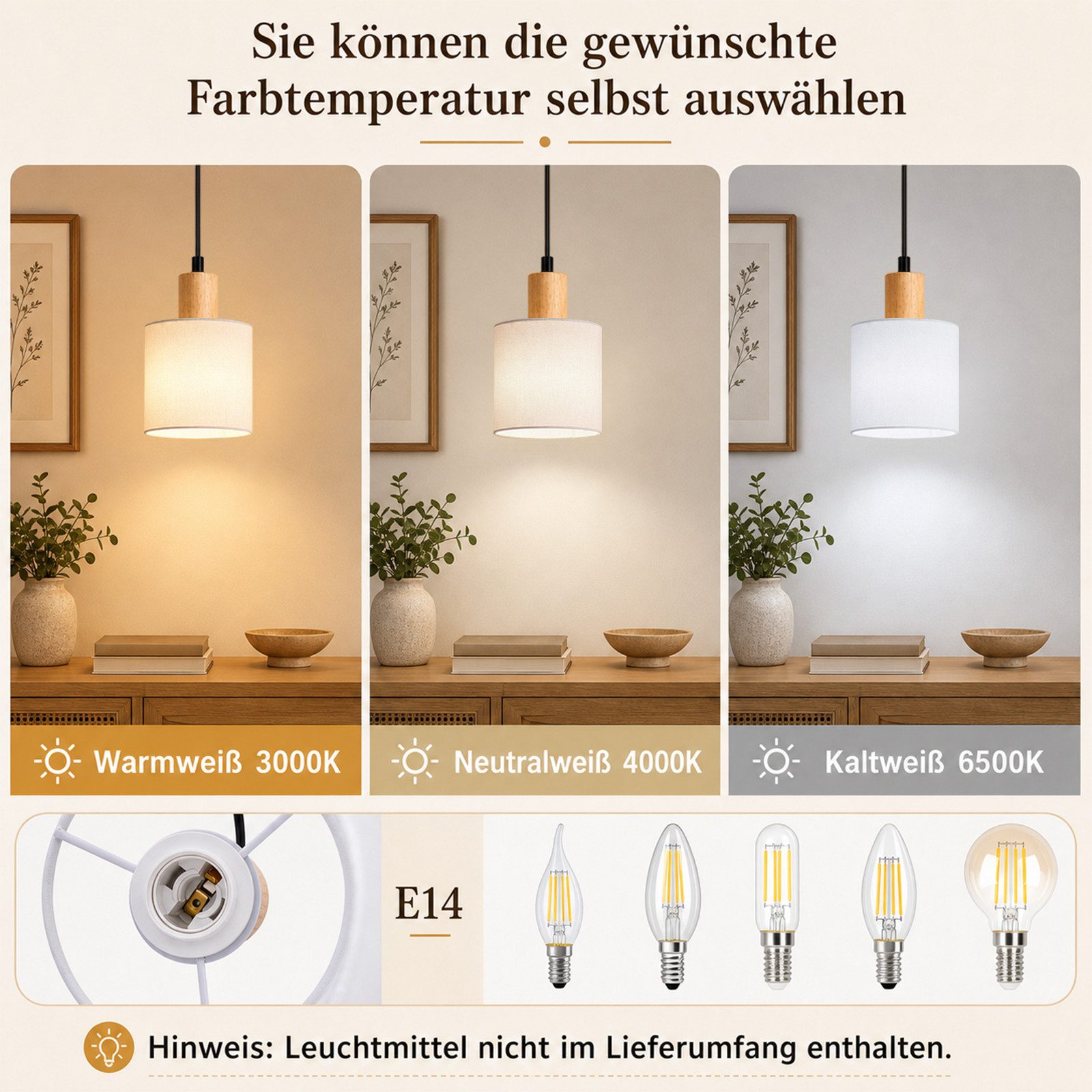 Nettlife Pendelleuchte 1/3/4flammig E14 Holz Stoff Schirm Weiß rustikale Deckenlampe, ohne Leuchtmittel, Küche Wohnzimmer Restaurant Schlafzimmer Flur – Bild 2 von 5