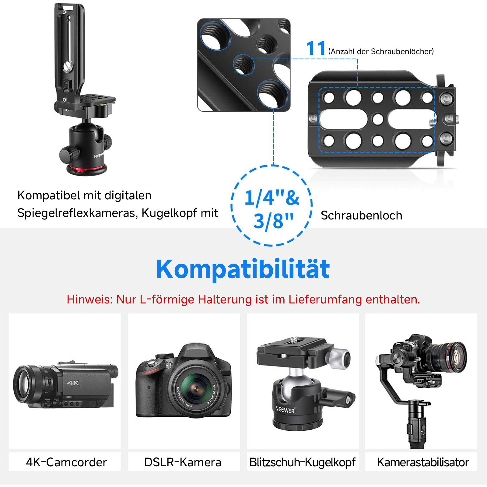 Neewer Kamerahalterung LB-NA1 L-Halterung Arca Swiss kompatibel vertikal, (Packung, LochmaB Befestigung:1/4)