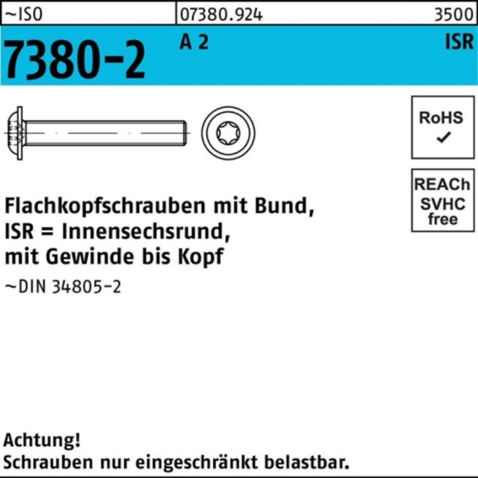 Reyher Schraube 200er A ISO 30-T50 7380-2 Flachkopfschraube Bund/ISR Pack M10x 2 VG 20
