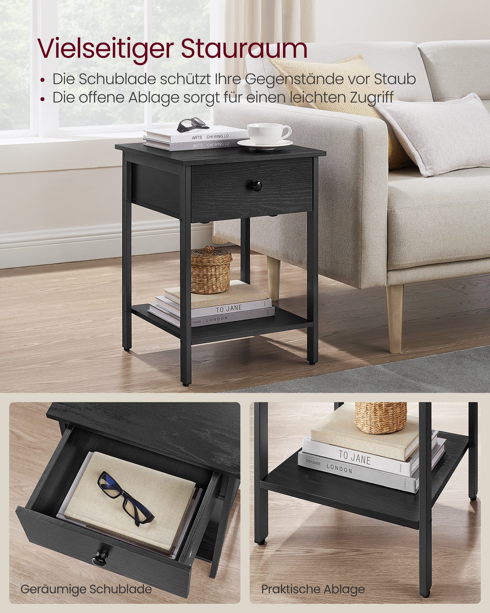 VASAGLE Nachttisch Nachtkommode, Beistelltisch, 40 x 40 x 55 cm, Schlafzimmer, Wohnzimmer (1-St), mit Schublade, Ablage, Stahlrahmen, einfacher Aufbau, ebenholzschwarz