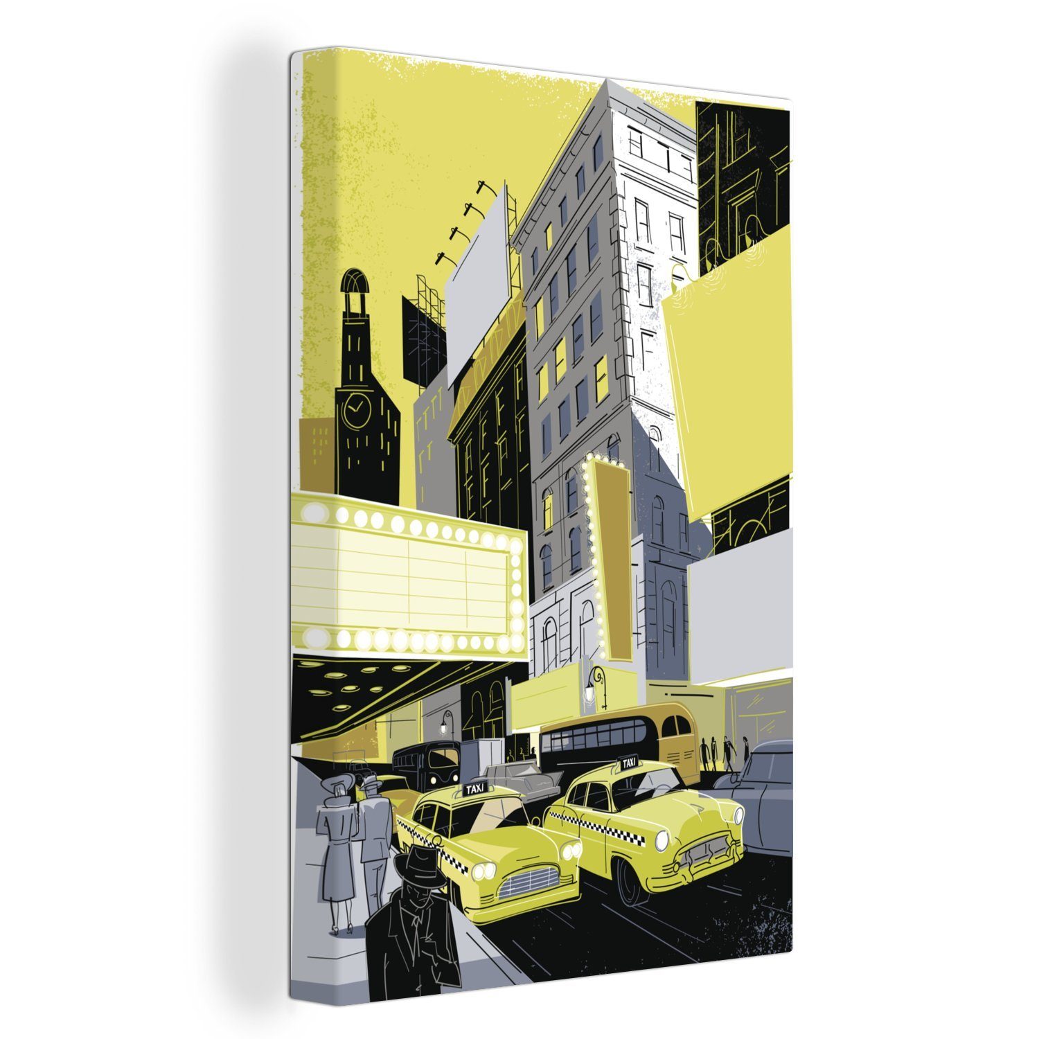 OneMillionCanvasses® Leinwandbild Illustration des Times Square in New York City mit gelben Taxis, (1 St), Leinwandbild fertig bespannt inkl. Zackenaufhänger, Gemälde, 20x30 cm