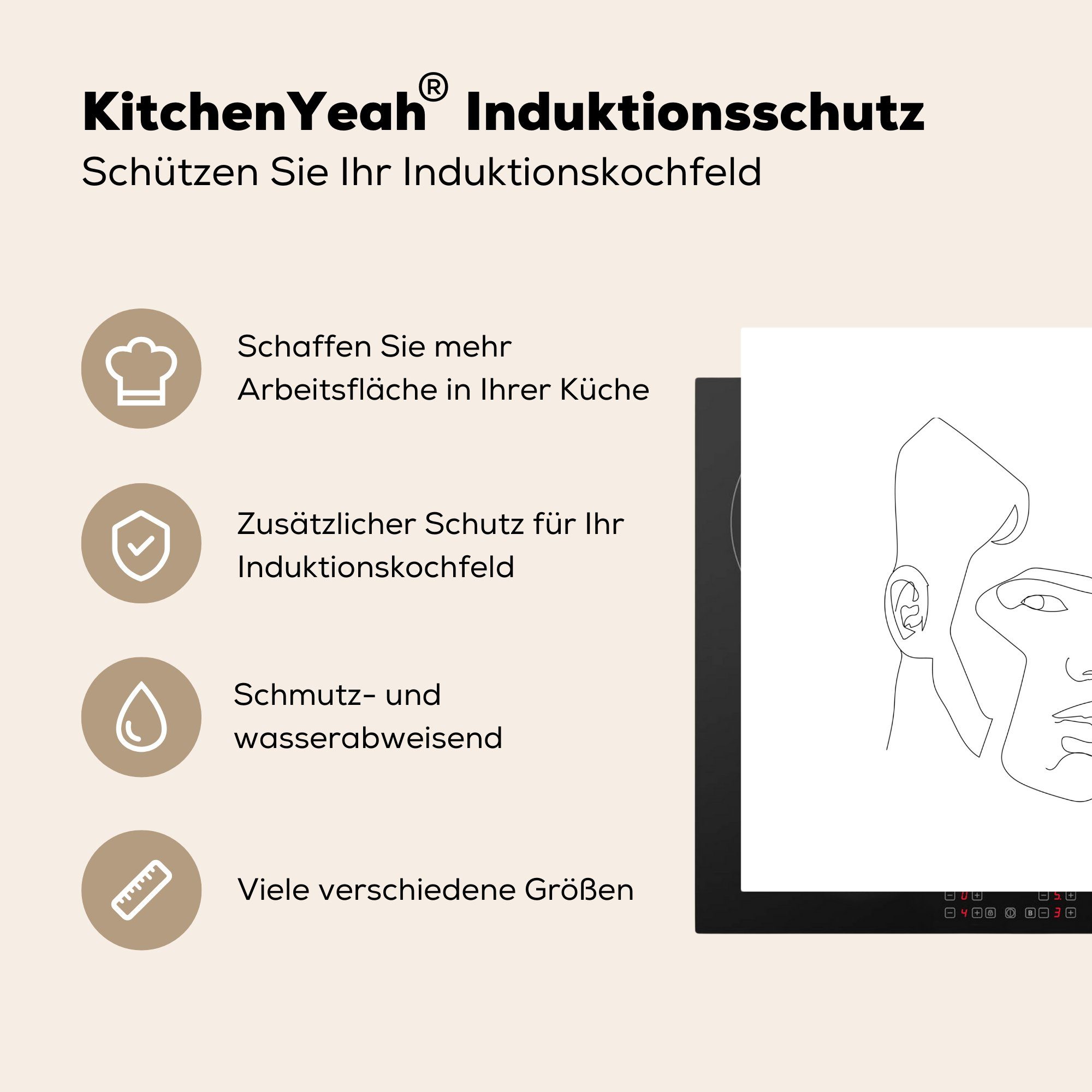 Vinyl, 78x78 Herdblende-/Abdeckplatte - für küche Ceranfeldabdeckung, - (1 Mensch, Linienkunst tlg), cm, Arbeitsplatte Abstrakt MuchoWow