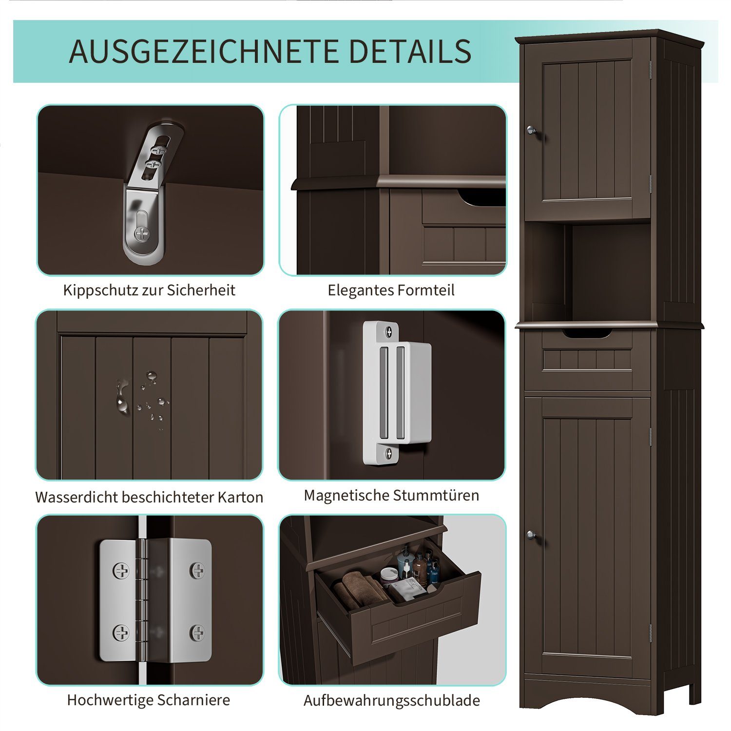 Braun Schrank Badezimmerschrank, Bealife Hochschrank mit 2 40x30x170cm Badezimmer, Tür,