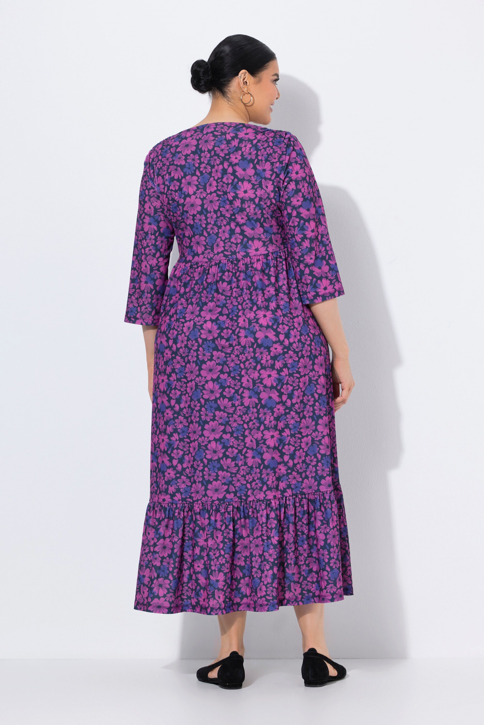 Ulla Popken Jerseykleid Jerseykleid Blüten A-Linie V-Ausschnitt 3/4-Arm