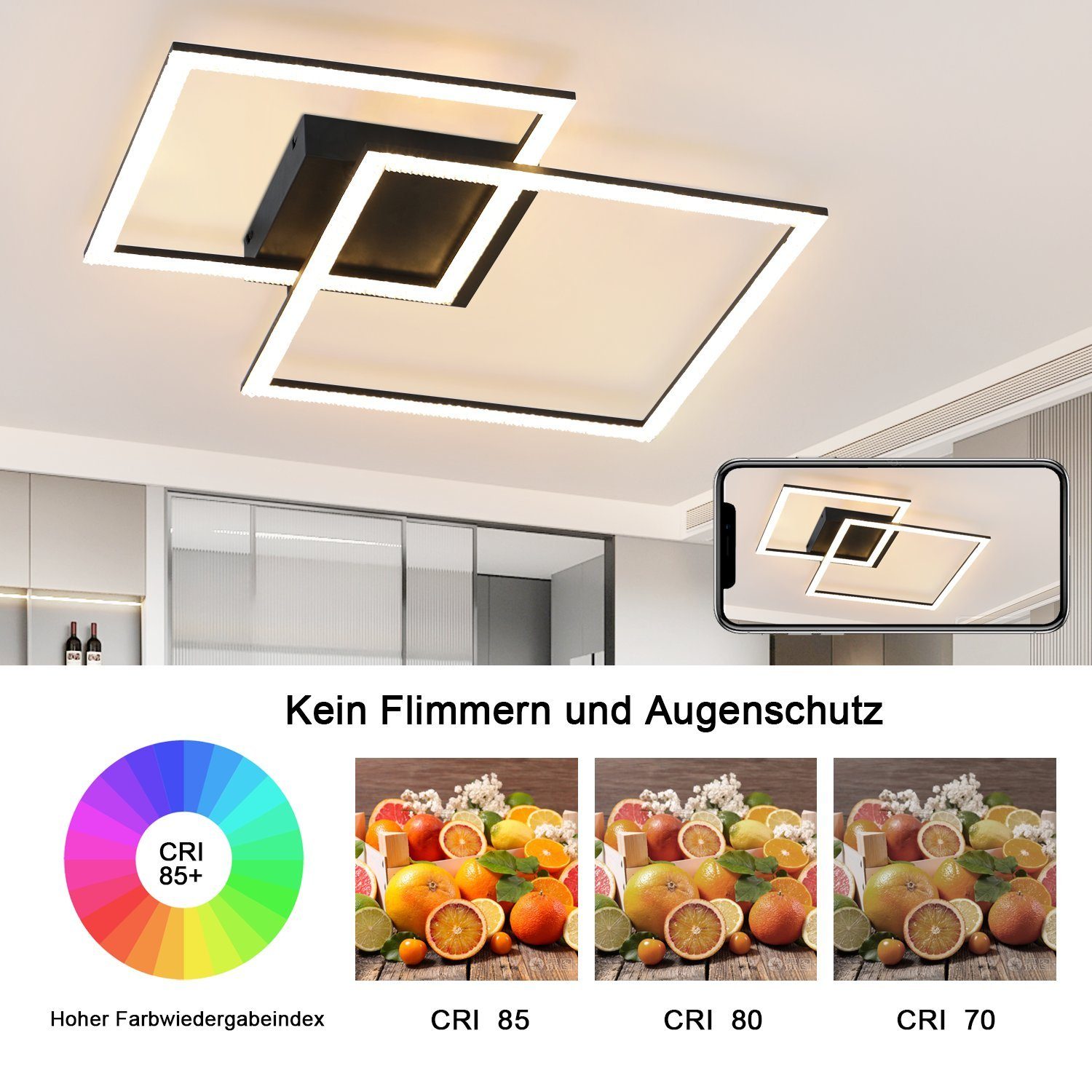 LED für LED fest Esszimmer, Küche integriert Schwarz mit Nettlife Deckenleuchte 54W Dimmbare Moderne Fernbedienung