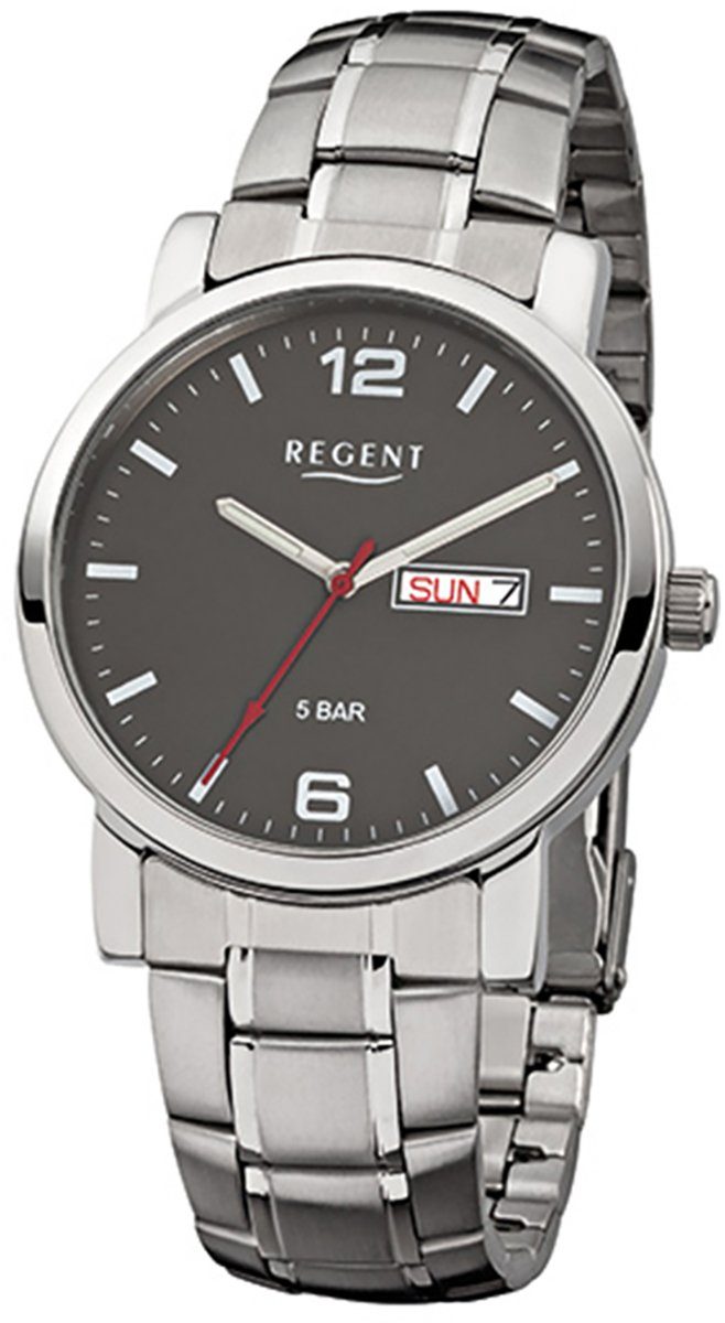 Regent Quarzuhr Regent Herren-Armbanduhr silber Armbanduhr Edelstahlarmband Herren rund, (ca. 39mm), mittel Analog