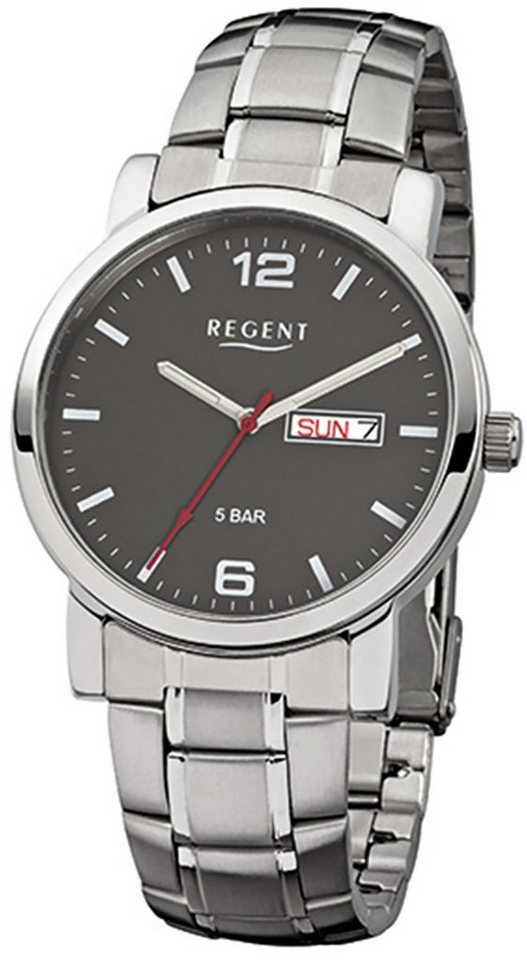 Regent Quarzuhr Regent Herren-Armbanduhr silber Analog, Herren Armbanduhr  rund, mittel (ca. 39mm), Edelstahlarmband, Datum mit Wochentag