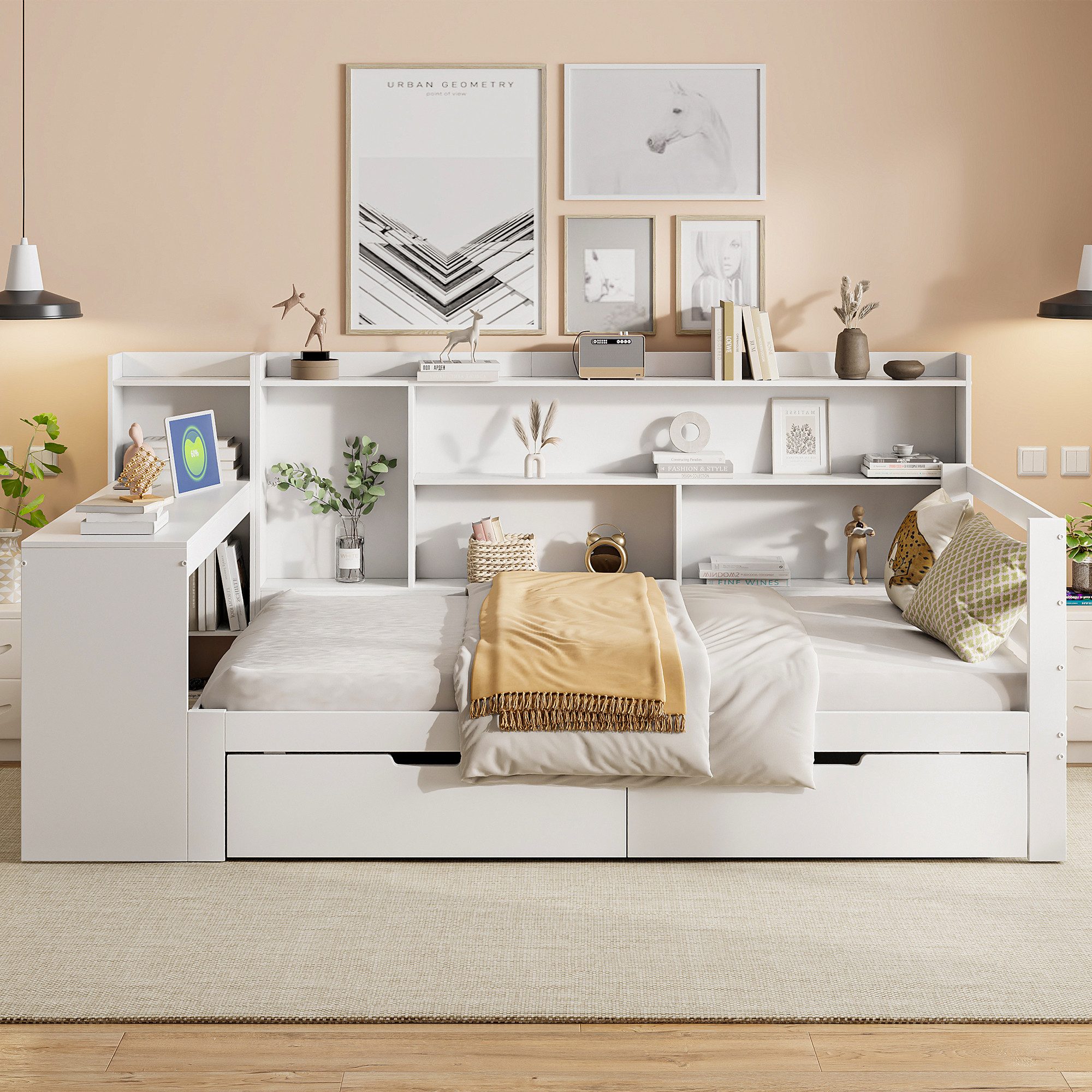 Merax Daybett mit USB-Ladeanschluss (Multifunktionales Schlafsofa Tagesbett aus Massivholz, 1 tlg), Kinderbett mit Ablagefächern, Schreibtisch und Regalen, 90x2 – Bild 2 von 5