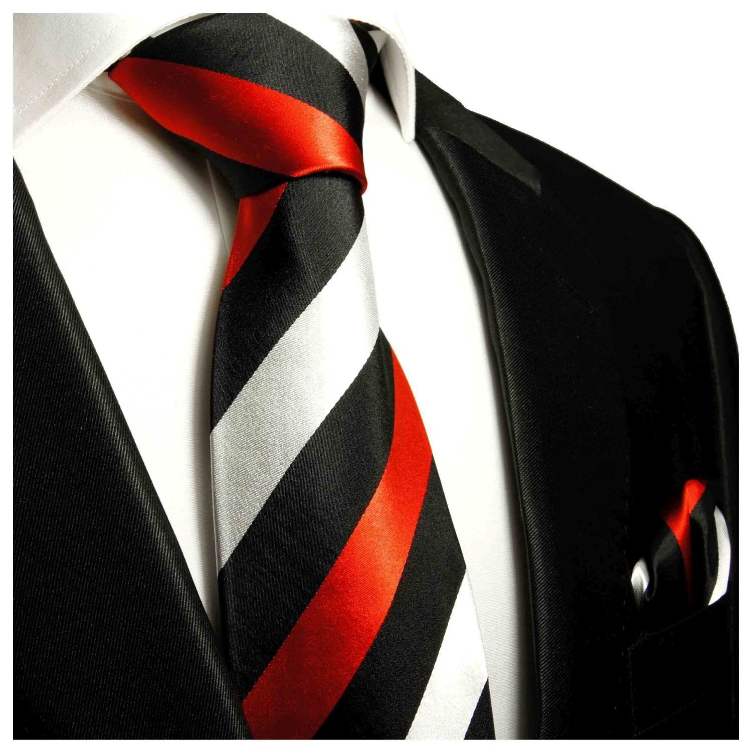 Paul Malone Krawatte Designer Herren Seidenkrawatte mit Tuch Business gestreift 100% Seide (Set, 2-St., Krawatte mit Einstecktuch) Schmal (6cm), rot schwarz silber 410