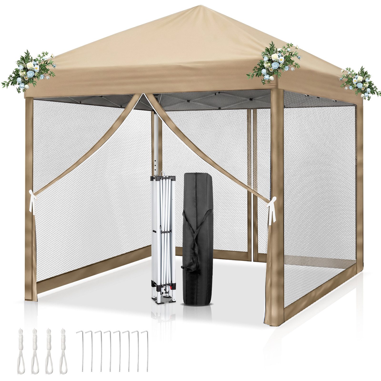 LEADZM Faltpavillon 3x3m mit 4 Netzseitenwänden, höhenverstellbar, UV-Schutz, Pop-Up Gartenpavillon 3×3m mit Moskitonetz, klappbarer inkl. Zubehör