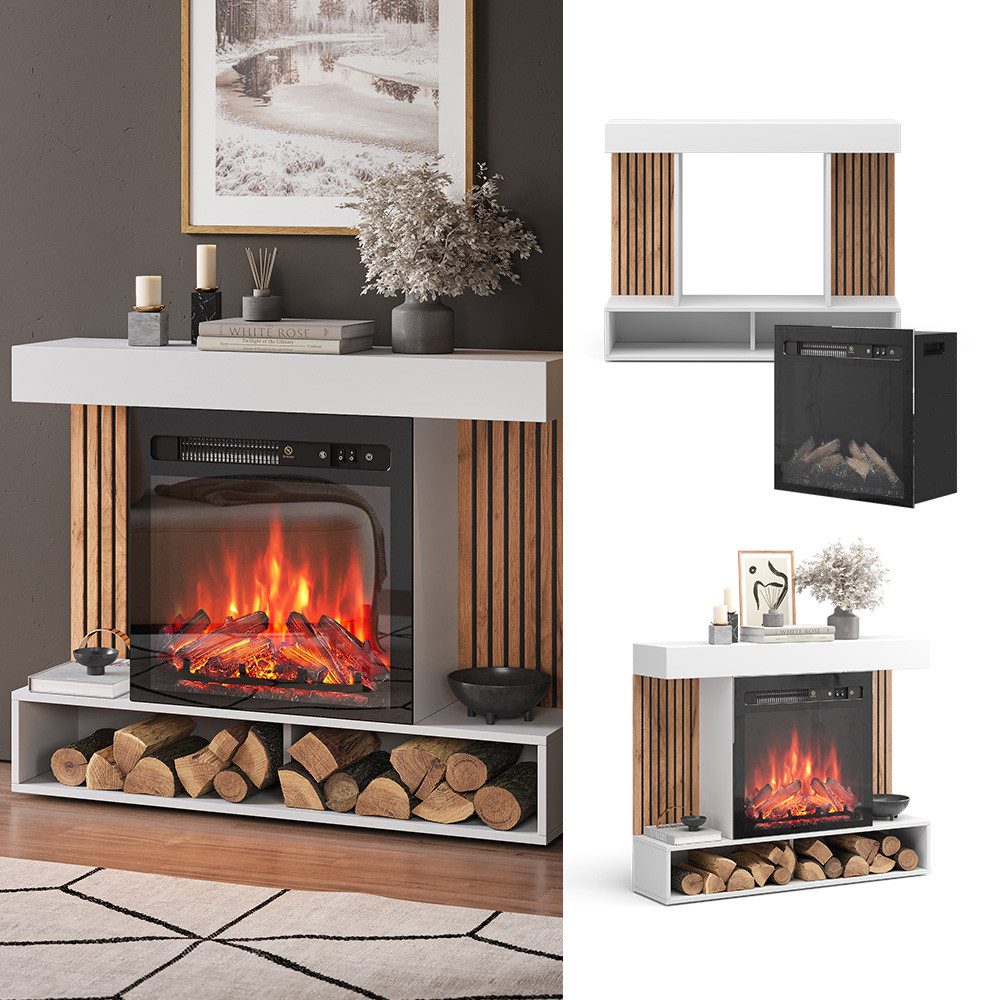 Vicco Kaminumbauschrank Lynea, Weiß, 100 cm mit realistischem Flammeneffekt und Heizung 1800W (1-St)