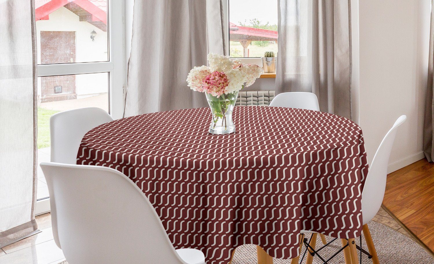 Abakuhaus Tischdecke Kreis Tischdecke Abdeckung für Esszimmer Küche Dekoration, rot Cutrvy gewellte Linien Dunkle Fliesen
