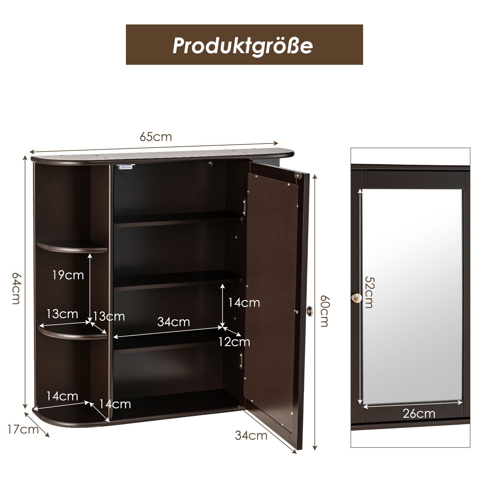 Spiegelschrank mit 65x17x63cm Fächern, Braun COSTWAY Ablagen, Spiegeltür,