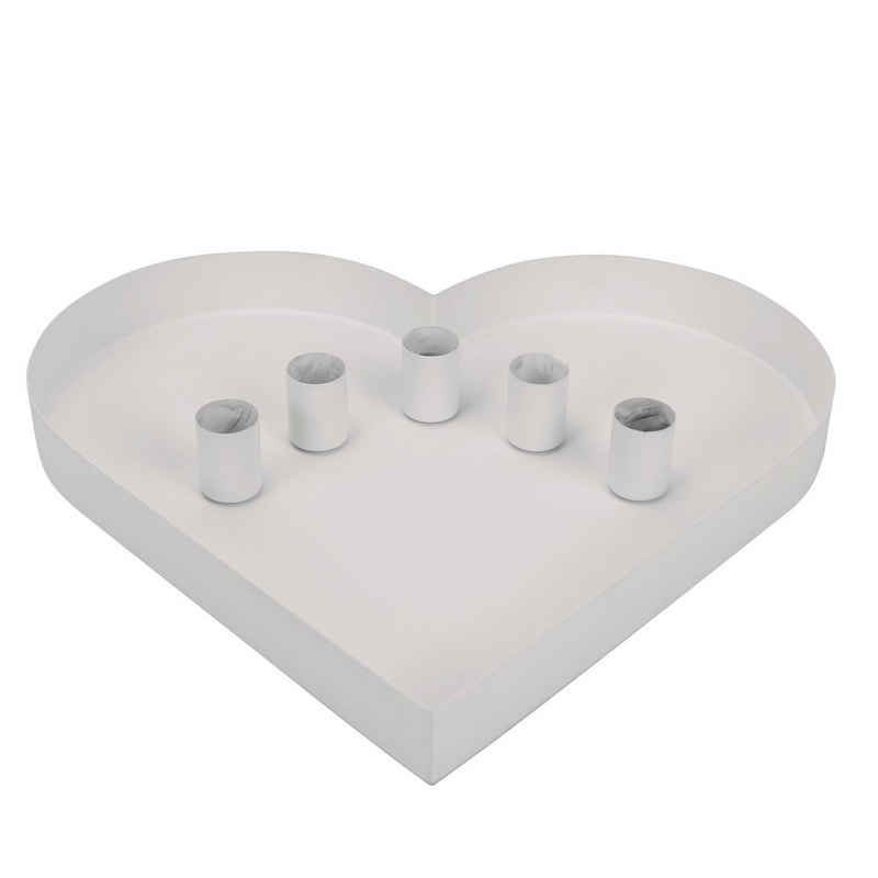 Online-Fuchs Dekotablett Herzförmig Kerzenhalter, Kerzenständer magnetisch für Stabkerzen WEIß, Maße ca. 30 x 26,5 x 3 cm Tablett Herz Metall