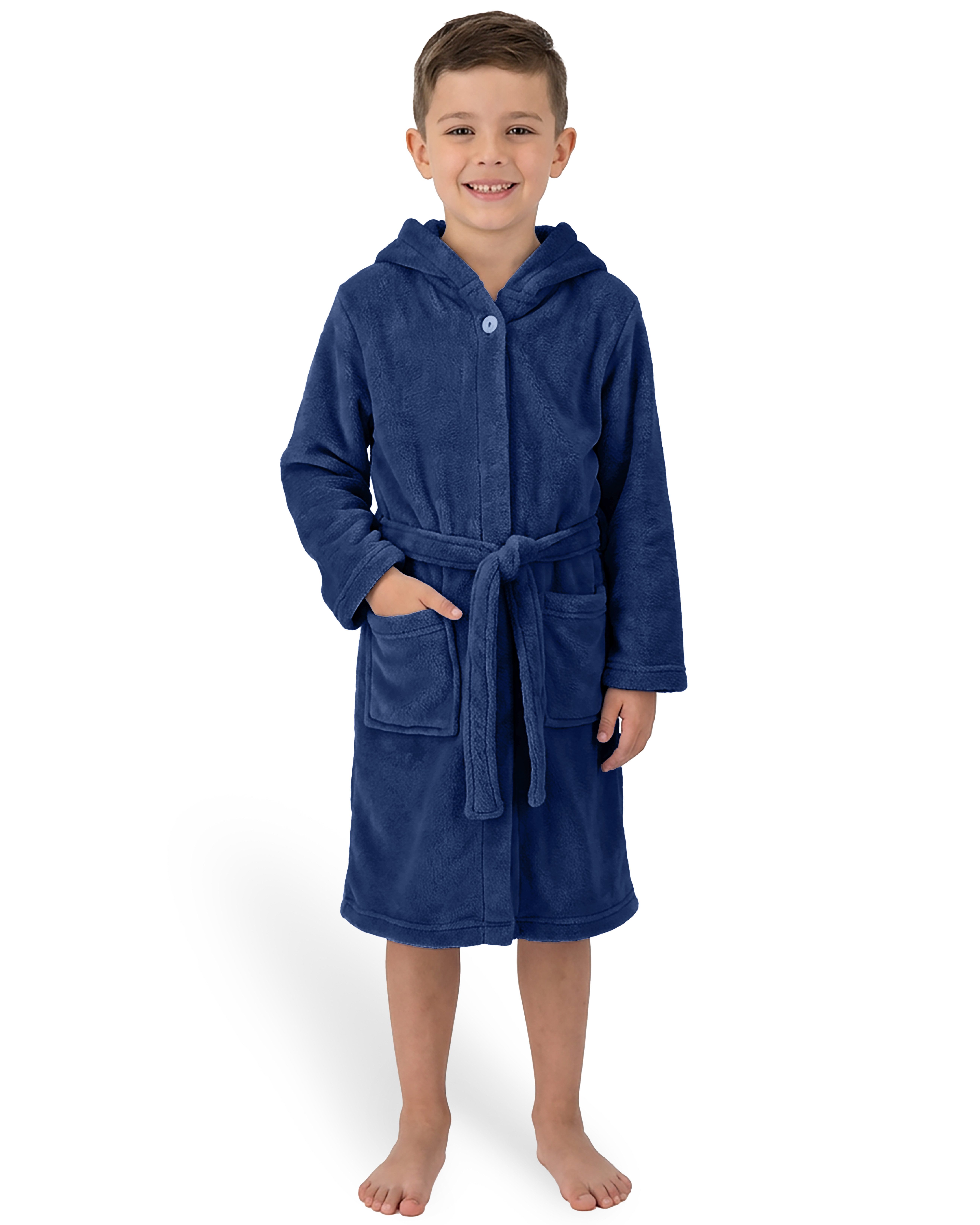 Gräfenstayn Kinderbademantel aus Fleece mit Kapuze & Knopf – Flauschiger Kinder-Bademantel, für Jungen & Mädchen, Größe 134-140