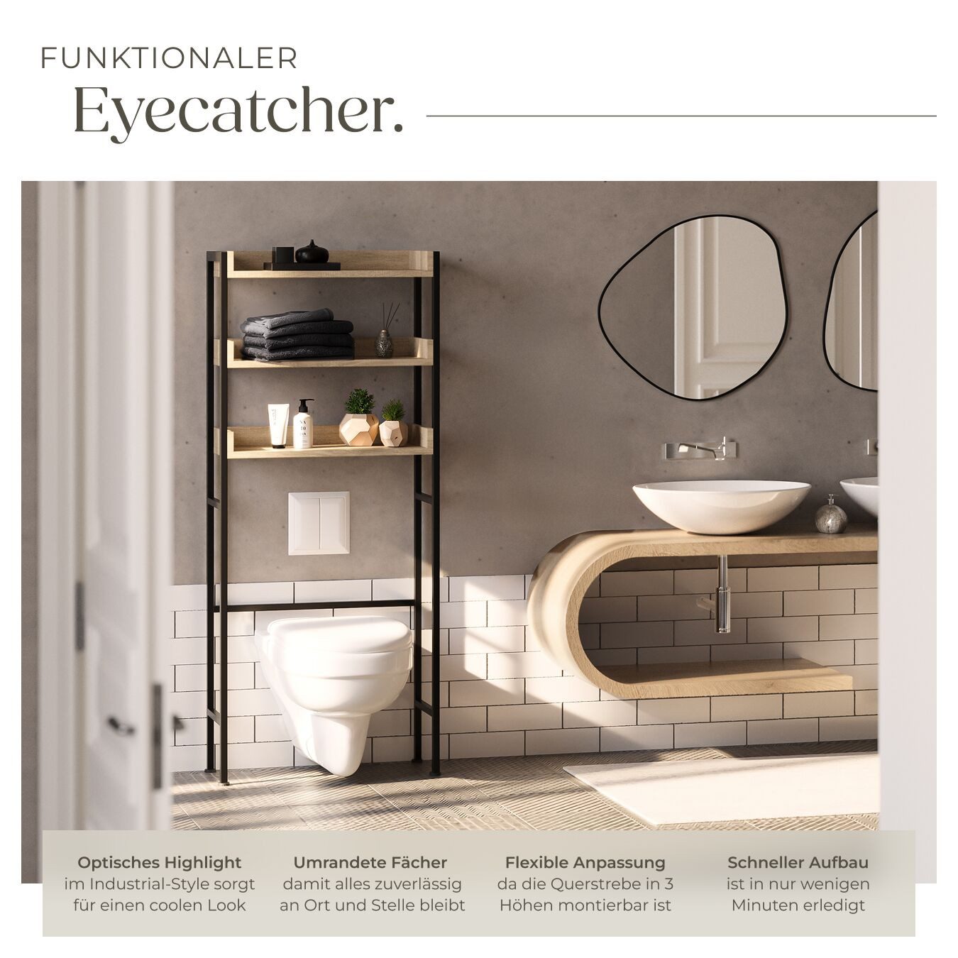 tectake Badregal Badezimmerregal, inklusive Kippschutz, ausgestattet mit 3 Ablagen, Duschablage Seattle 1-tlg., Industrial Style, Holz und Stahl, höhenverstellb – Bild 3 von 5