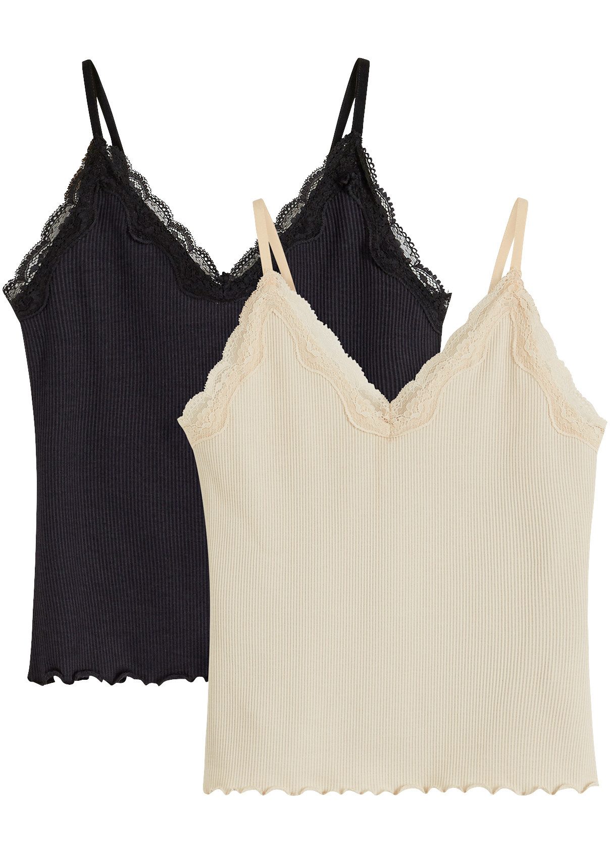 bonprix Ripptanktop (Packung, 2er) aus Viskose, figurbetont, mit V-Ausschnitt und Spitzenbesatz, ärmellos