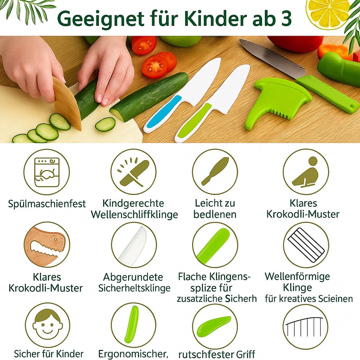 König Design Kochmesser Kinderkochmesser 17-teiliges, Kinder Küchenmesser Set Schneidebretter Messer und Ausstechformen – Bild 5 von 5