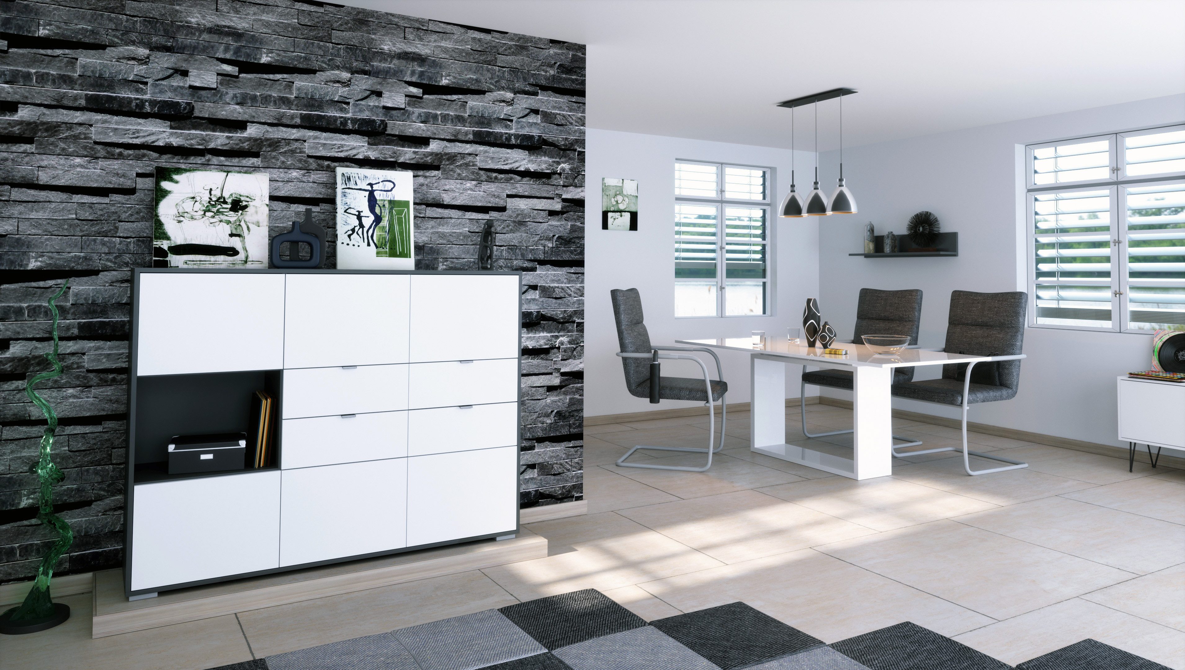 Vladon Highboard Milano (Highboard mit 6 Türen Weiß matt, 4 Schubladen Weiß matt, Made in Germany), Korpus Anthrazit matt (152,5 x 118 x 37 cm)