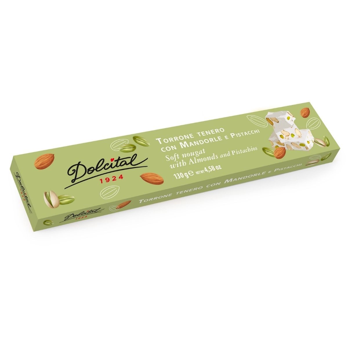 Dolcital Süßigkeit Torrone mit Mandeln und Pistazien, Torrone con Mandorle e Pistacchi, 130 g, Weißer, weicher Nougat.
