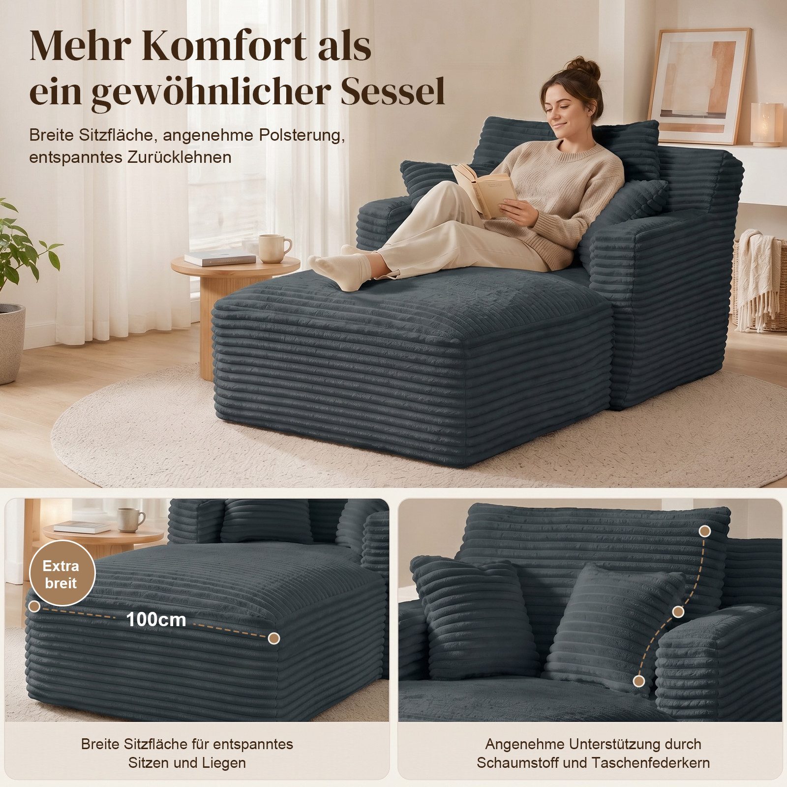 ANYSUN Sofa Cord-Schlafsofa mit 2 Kissen,Bequemes Einzelsitz-Bodensofa,Loungesofa, Relaxsessel Cord,Sessel,Loungesessel Cord,Lesesessel bequem, fur Wohnzimmer,  – Bild 5 von 5