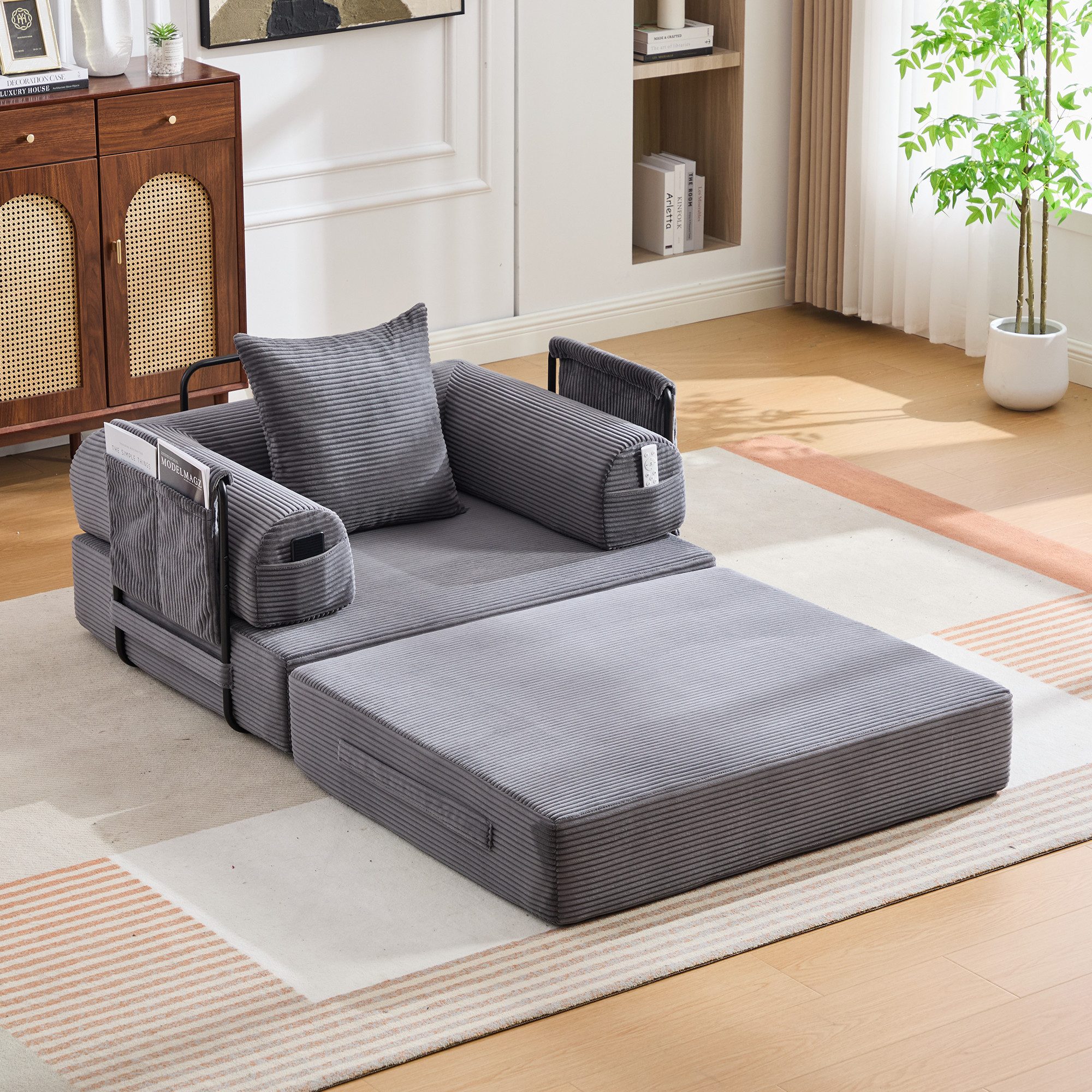 STILVORA Relaxsessel Relaxsessel mit stabilem Metallrahmen ergonomisch Cordstoff Dunkelgrau (Kompressionssessel,ergonomisches Design,dicke Polsterung, Metallrahmen, frei kombinierbar,voller Kompression Konstruktion), Inkl. Seitentasche & Kissen,für Wohn-, Schlafzimmer oder den Balkon