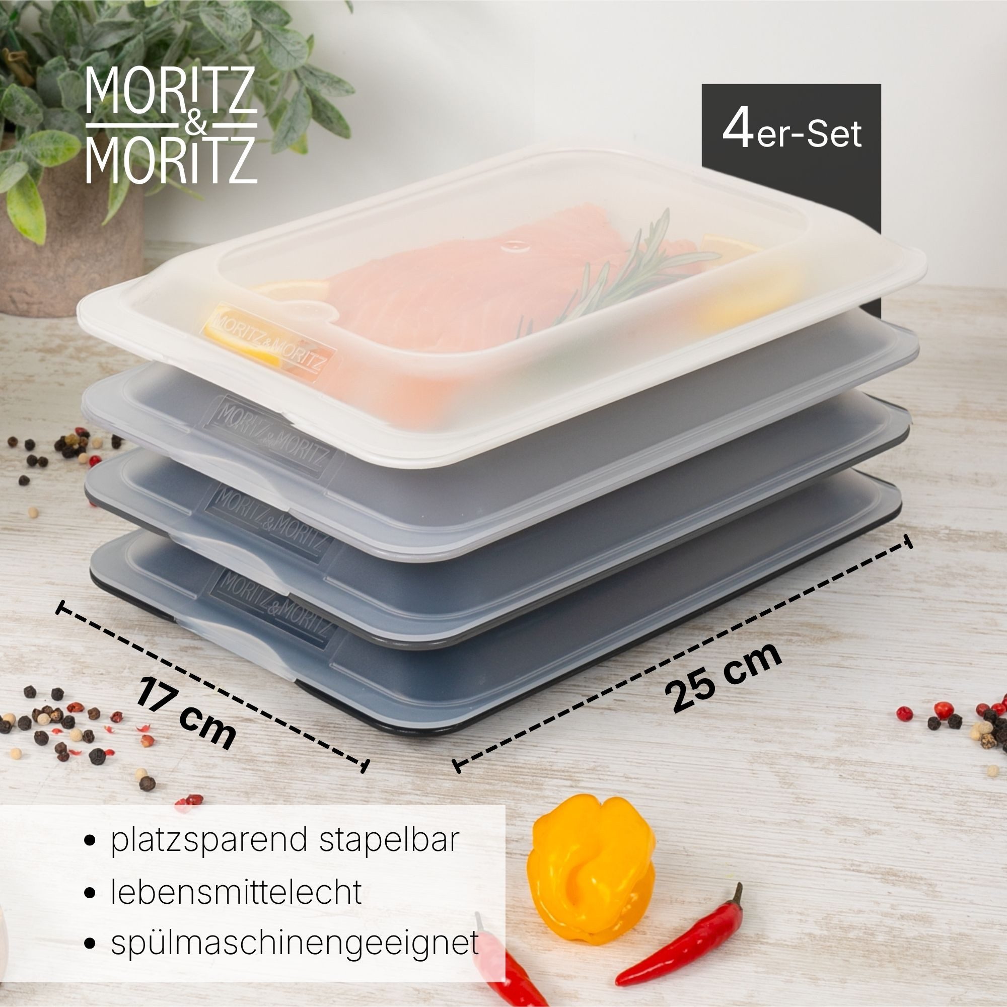 Moritz & Moritz Frischhaltedose Frischhaltedose 4er Set Aufschnittdosen stapelbar - dunkel, Kunststoff, (Set, 4-tlg., Set), Inkl. 4 Sticker, mit Deckel für Opti – Bild 3 von 5