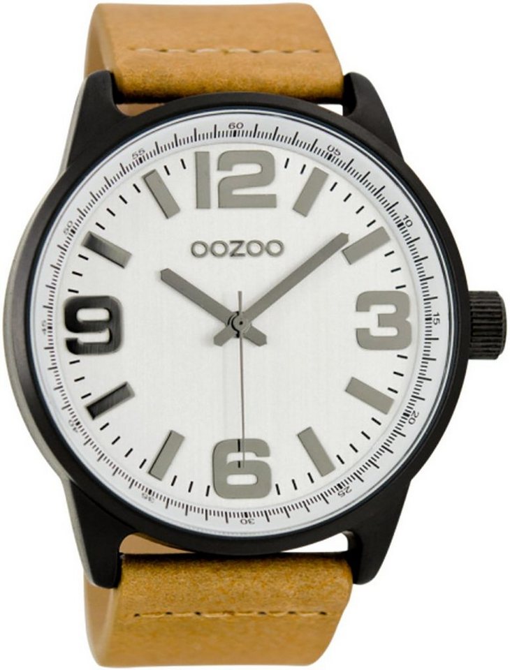 OOZOO Quarzuhr Oozoo Armbanduhr schwarz grau, Damen, Herrenuhr rund,  extragroß (ca 48mm) Lederarmband, Fashion-Style