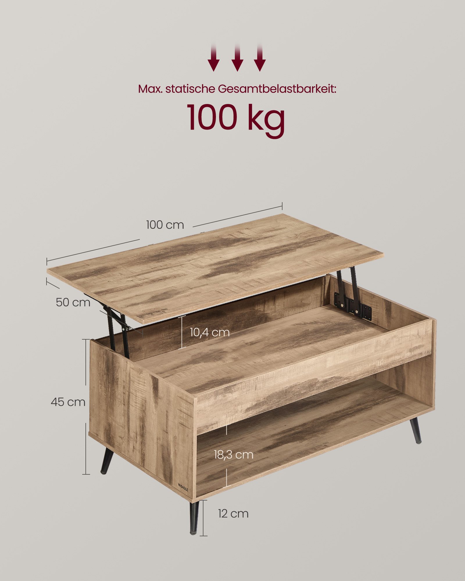 VASAGLE Couchtisch höhenverstellbar, verstecktes Fach, offenes Fach, 50 x 100 x 45/58,5cm (inkl. Zubehörpaket & Anleitung, aufklappbar), Schreibtisch, Basis-Höhenverstellung, Wohnzimmertisch, Kaffeetisch